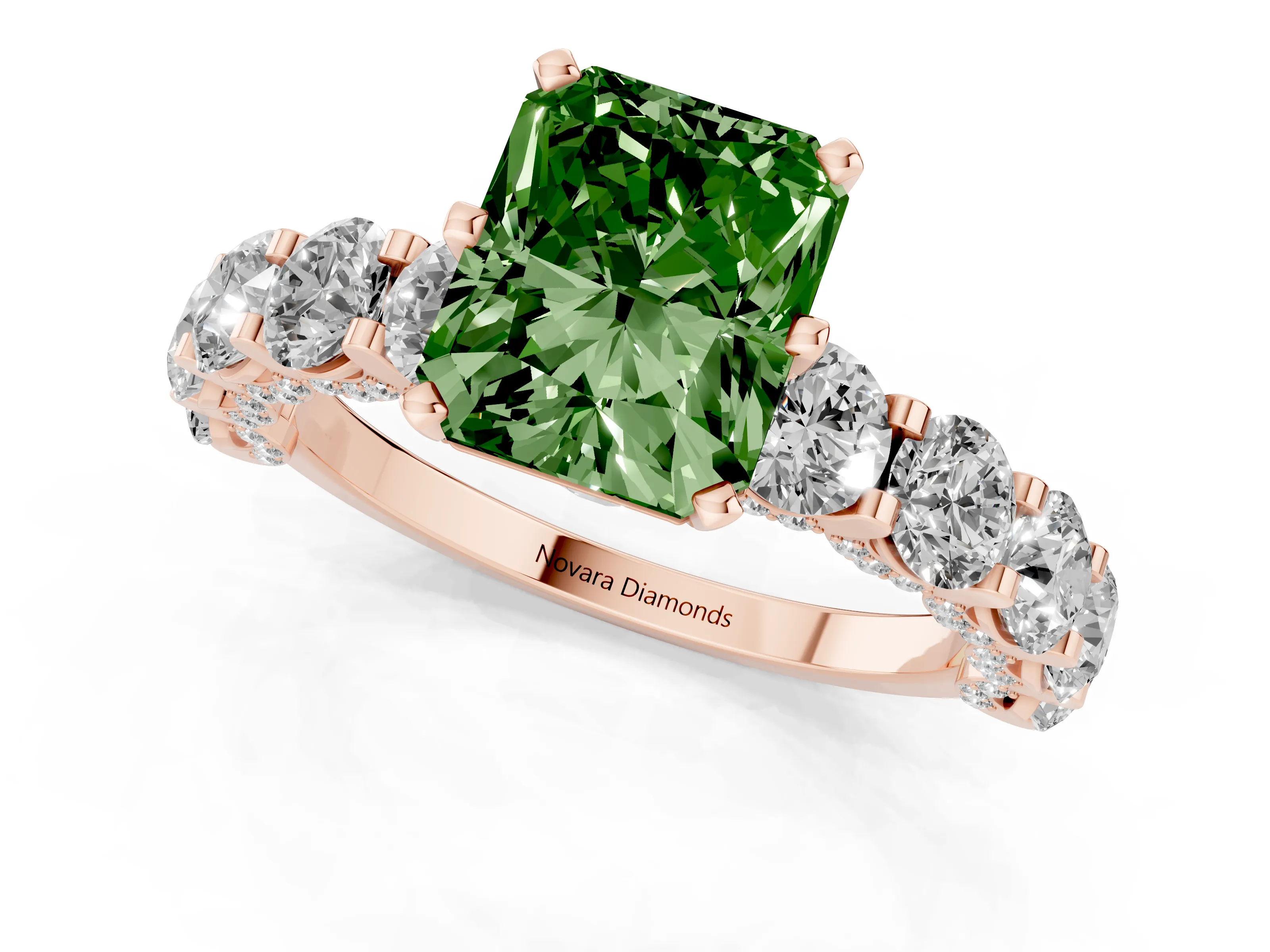 Fancy Green Radiant Cut Diamond Side Stone Ring Set in Rose gold with Alternating Round and Oval Side Stones – second view