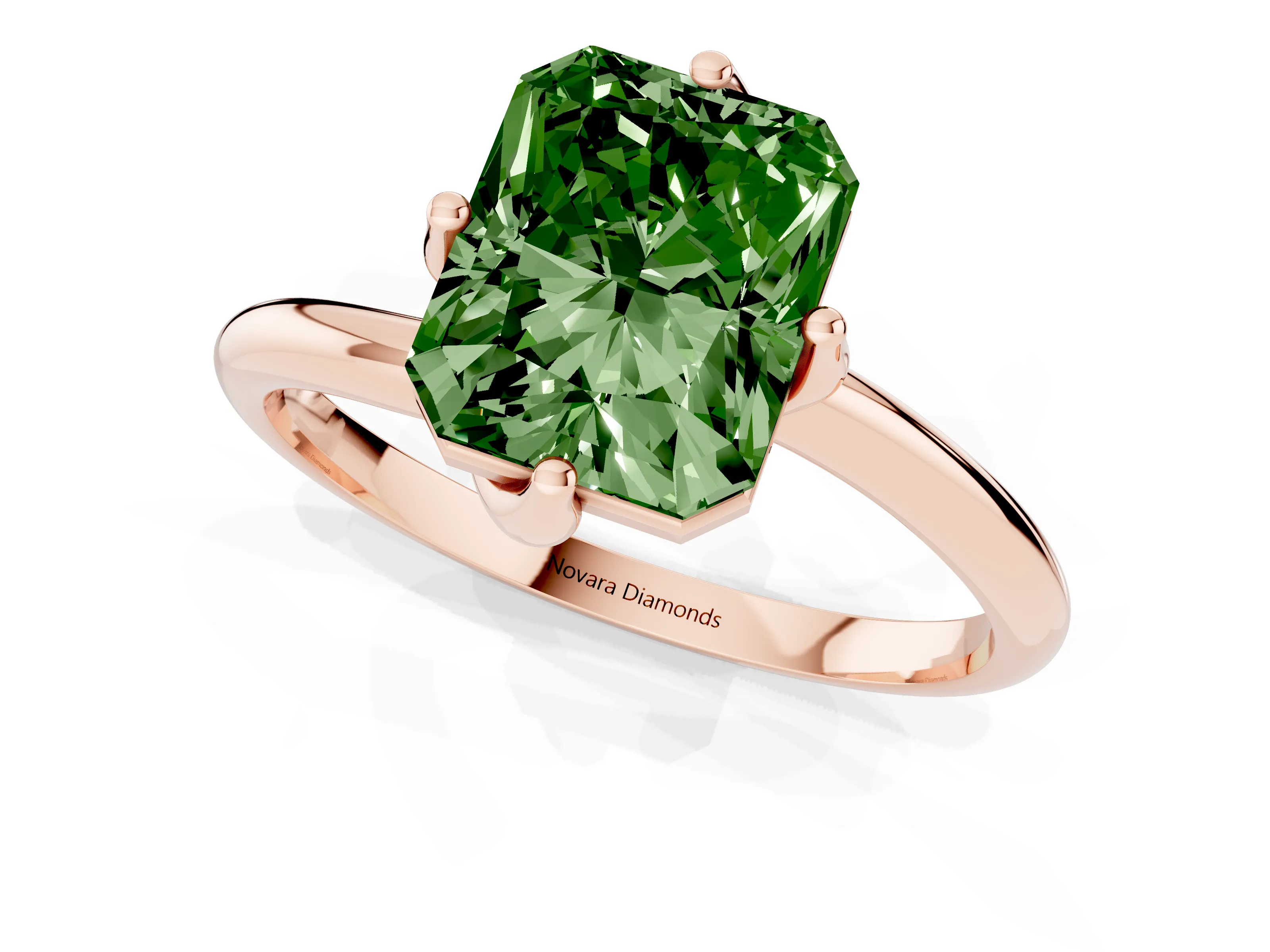 Fancy Green Radiant Cut Diamond Solitaire Engagement Ring Set in Rose gold with Classic Plain Band