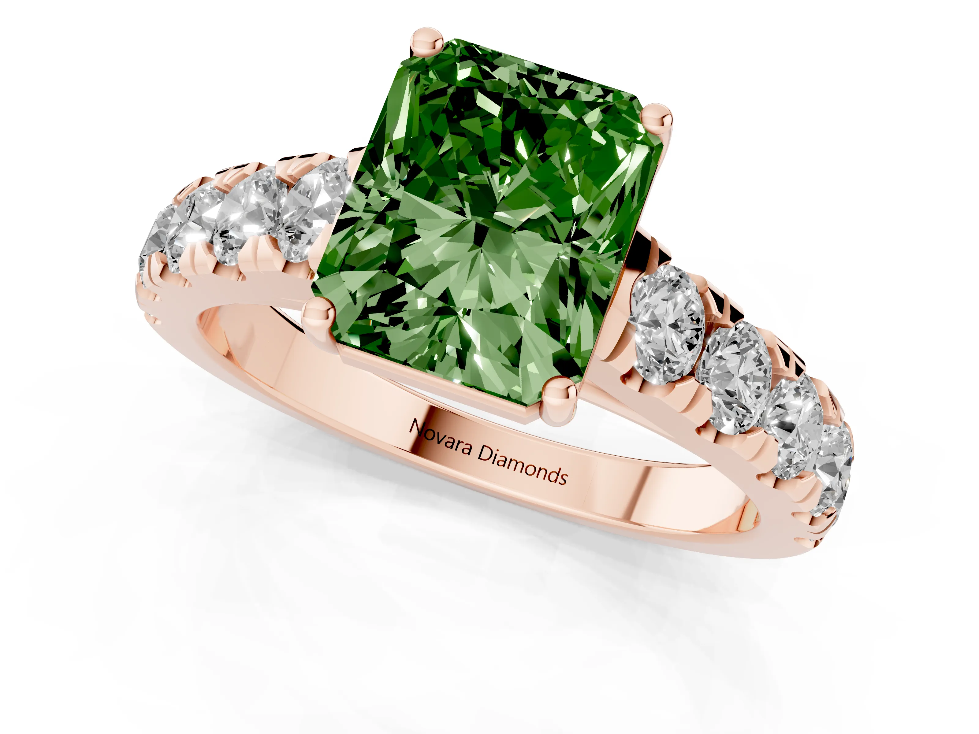 Fancy Green Radiant Cut Diamond Solitaire Ring Set in Rose gold with Cut-Down Micro Pavé Band and Prong Setting
