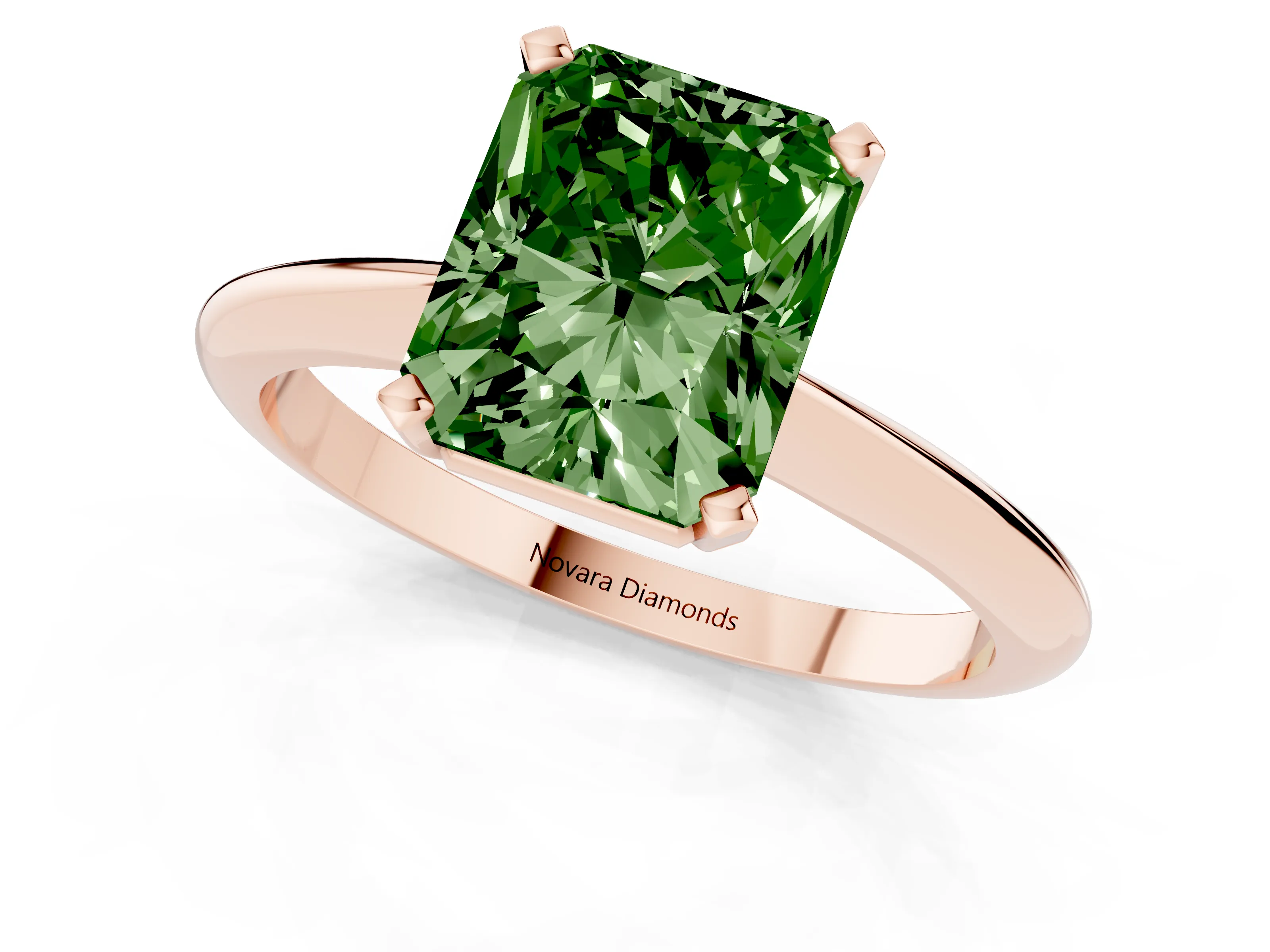 Fancy Green Radiant Cut Diamond Solitaire Ring Set in Rose gold with Prong Setting on a Plain Round Band