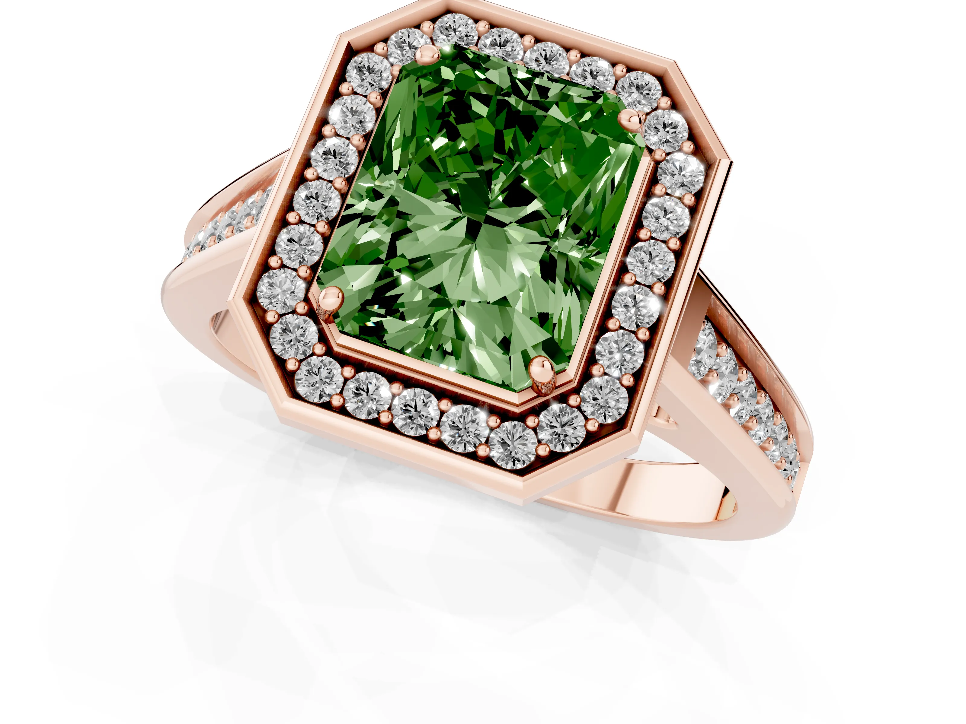 Fancy Green Radiant Cut Diamond Halo Solitaire Ring Set in Rose gold with Pavé Band and Bezel Setting