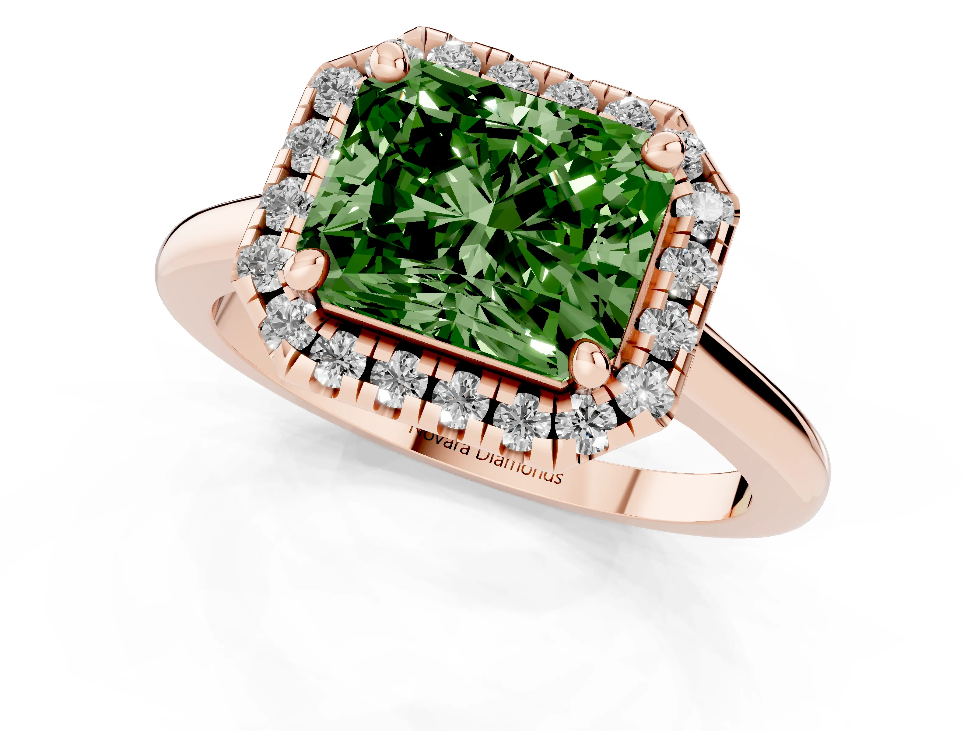 Fancy Green Radiant Cut Diamond Halo Engagement Ring Set in Rose gold with Pavé Band and Rising Shoulders