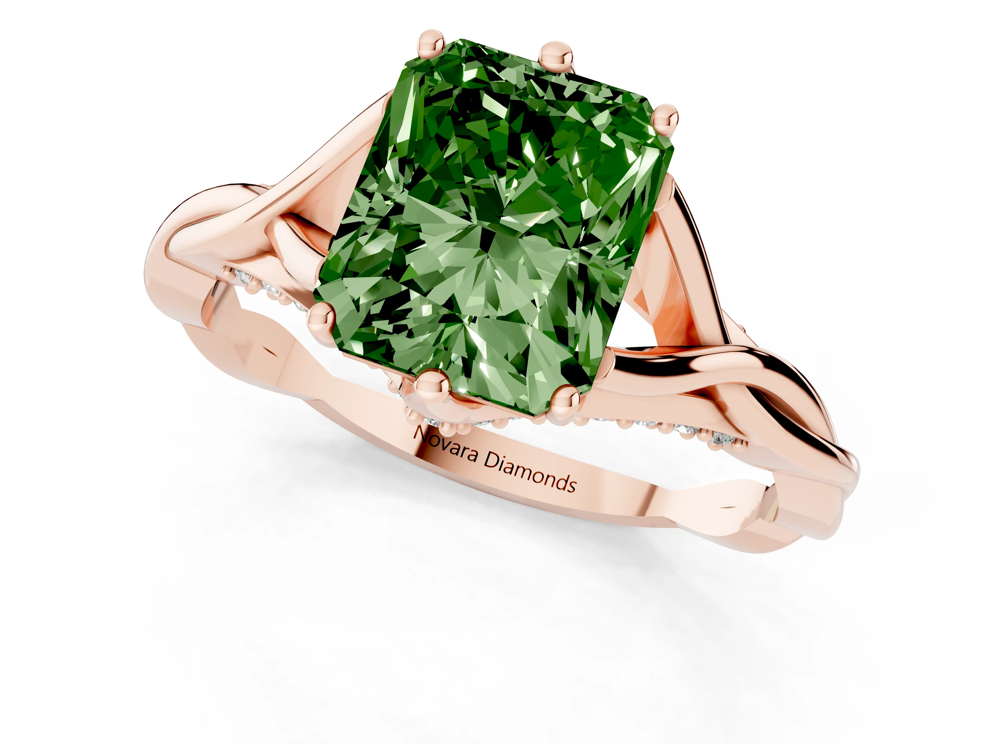 Fancy Green Radiant Cut Diamond Intertwined Twist Band Solitaire Ring Set in Rose gold with Prong Setting