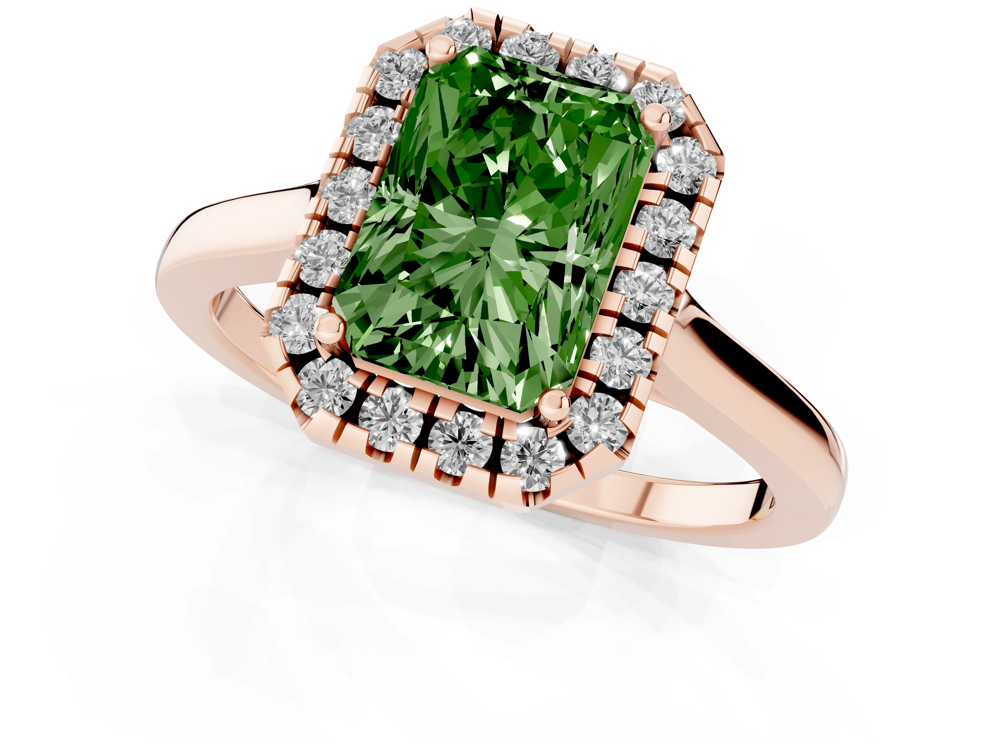 Fancy Green Radiant Cut Halo Round Diamond Solitaire Ring Set in Rose gold with Pavé Band and Prong Setting