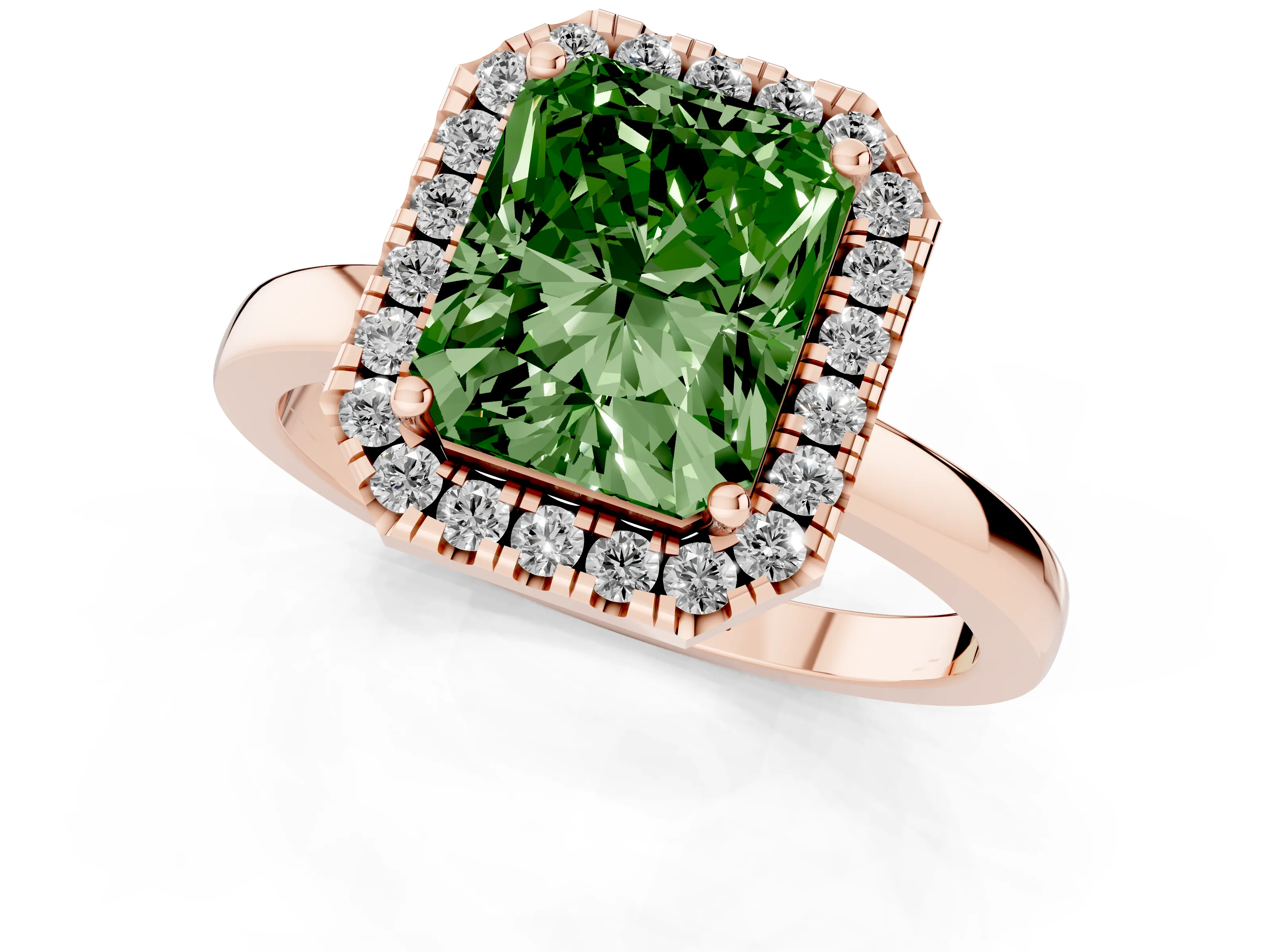 Fancy Green Radiant Cut Diamond Halo Solitaire Ring Set in Rose gold with Pavé Band and Prong Setting