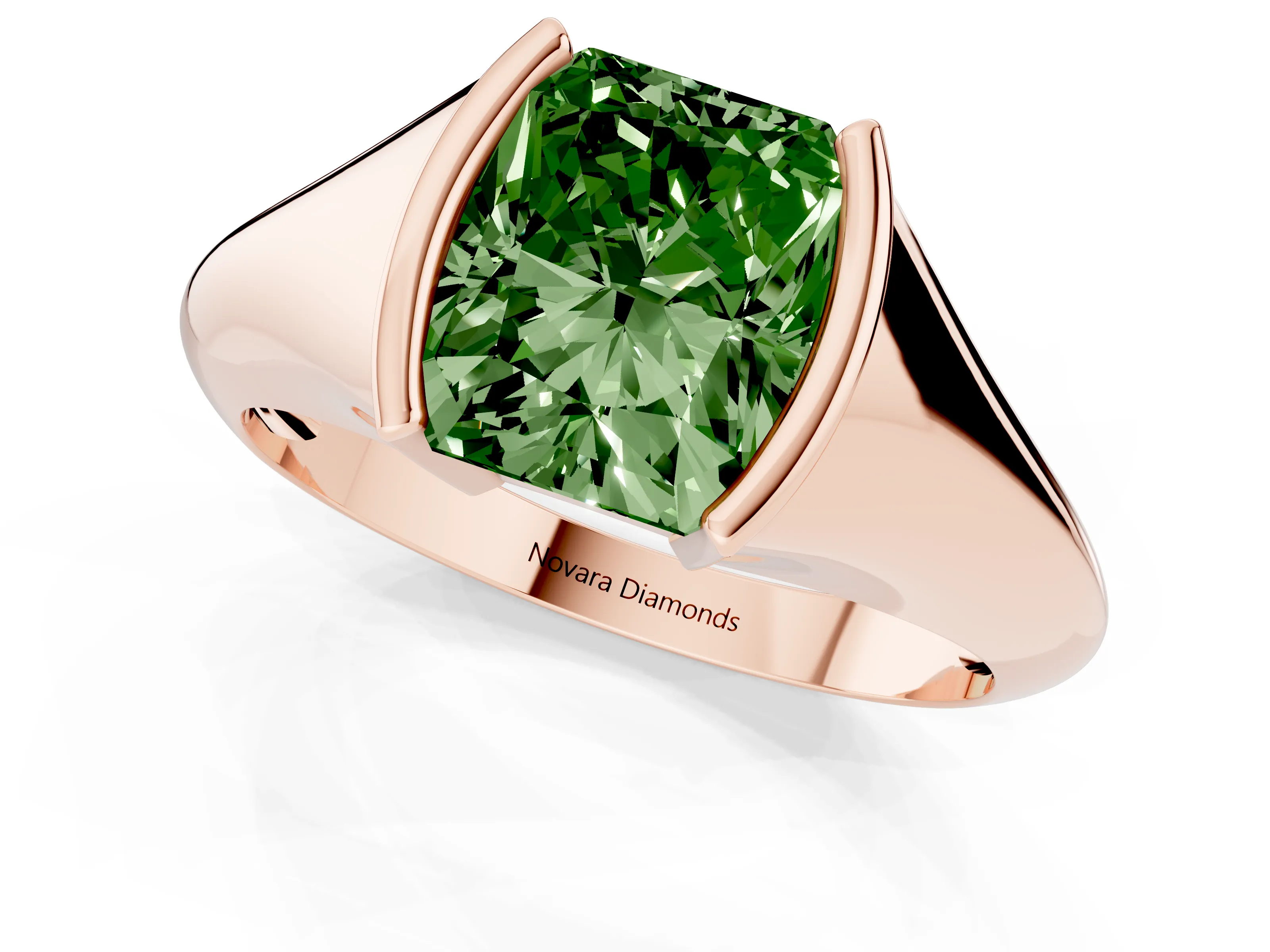 Fancy Green Radiant Cut Diamond Solitaire Tension Set Ring Set in Rose gold