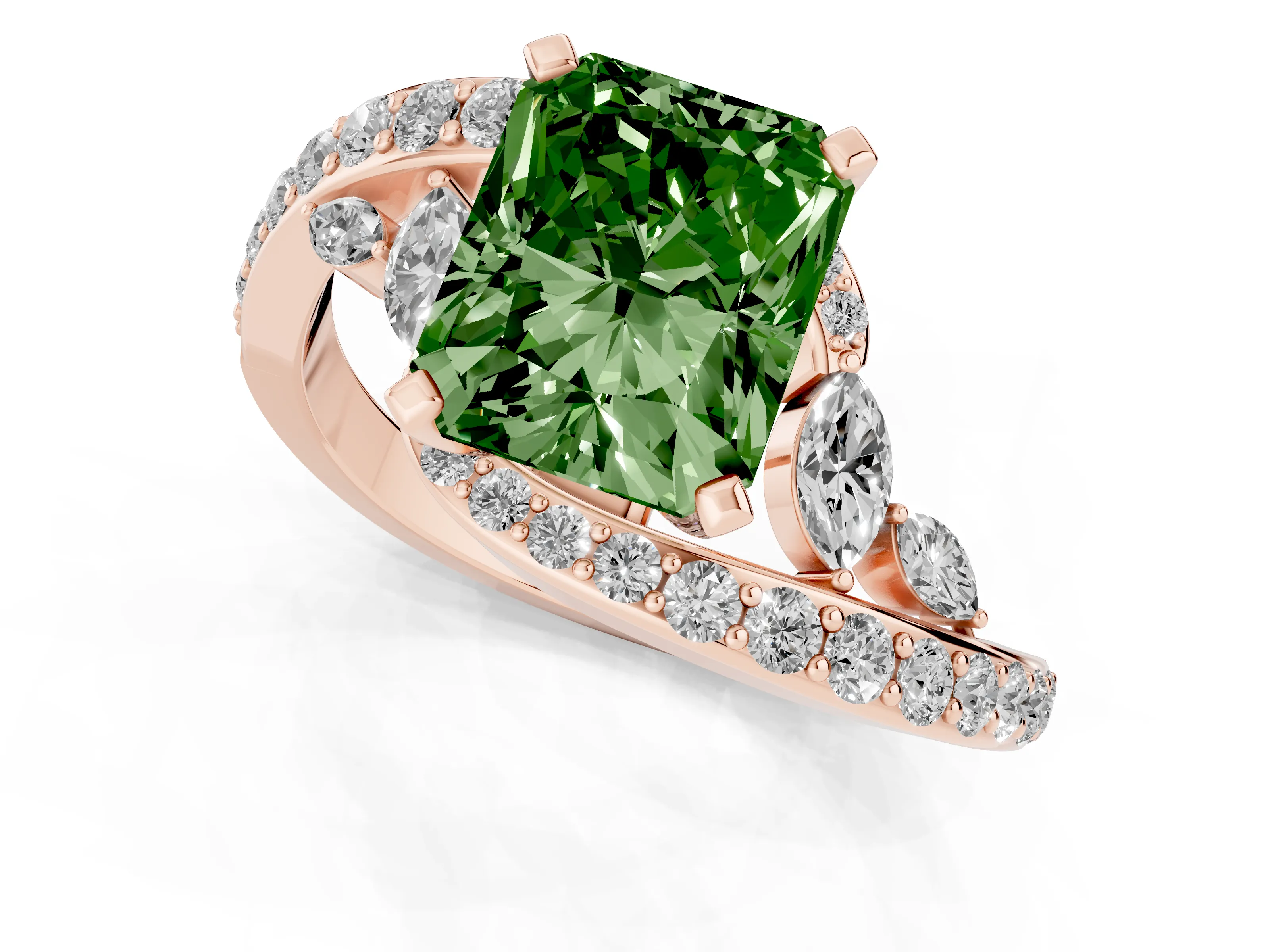 Fancy Green Radiant Cut Diamond Solitaire Ring Set in Rose gold with Pavé Twist Band and Secure Prong Setting