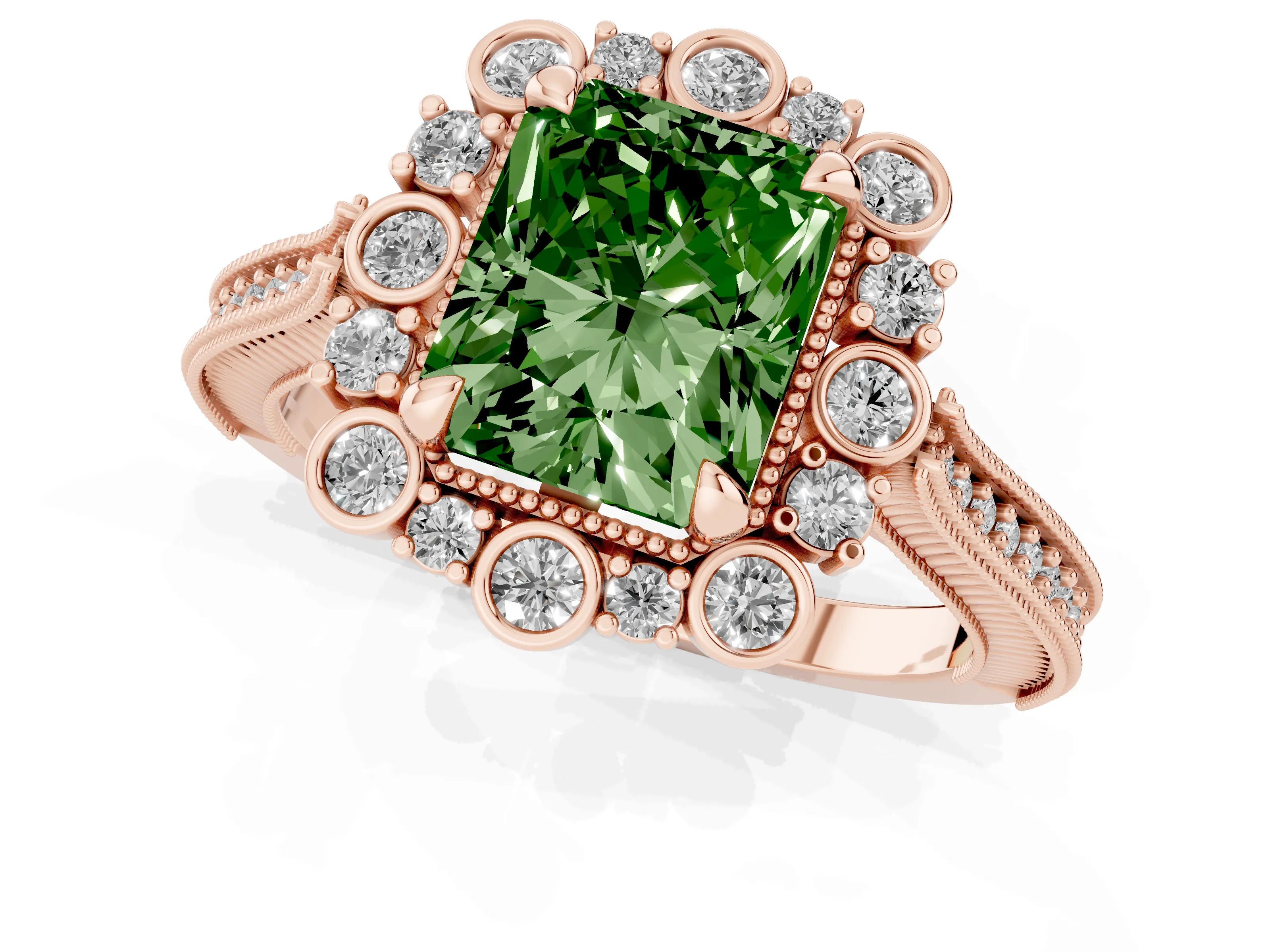 Fancy Green Radiant Cut Diamond Halo Milgrain Pavé Ring Set in Rose gold with Prong Setting