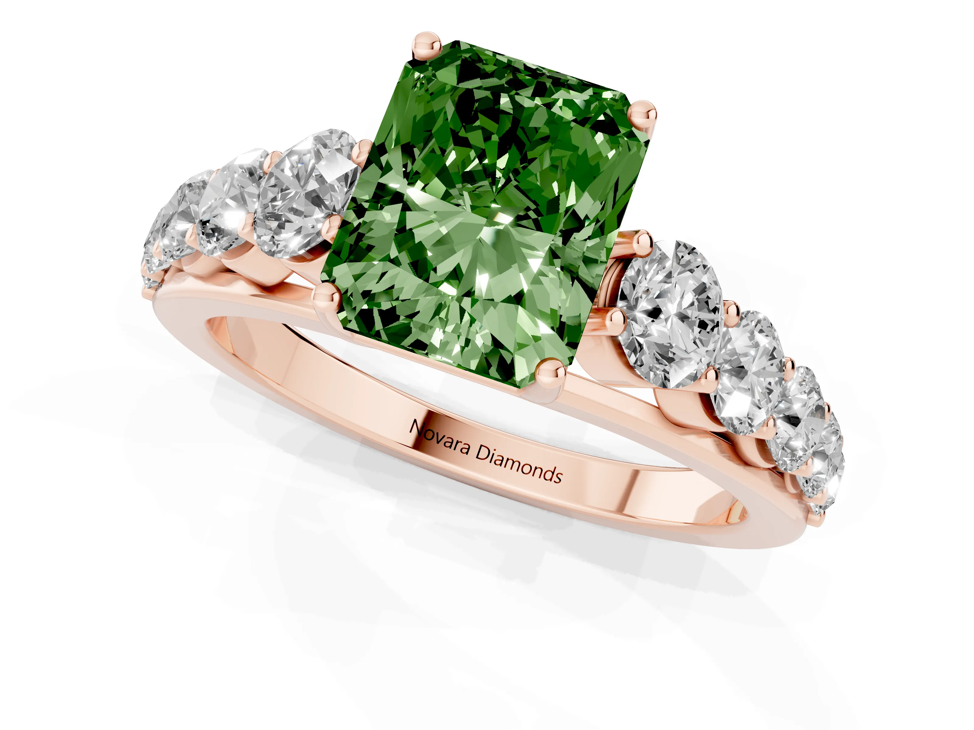 Fancy Green Radiant Cut Diamond Solitaire Ring Set in Rose gold with Pavé-Set Band and Prong Setting