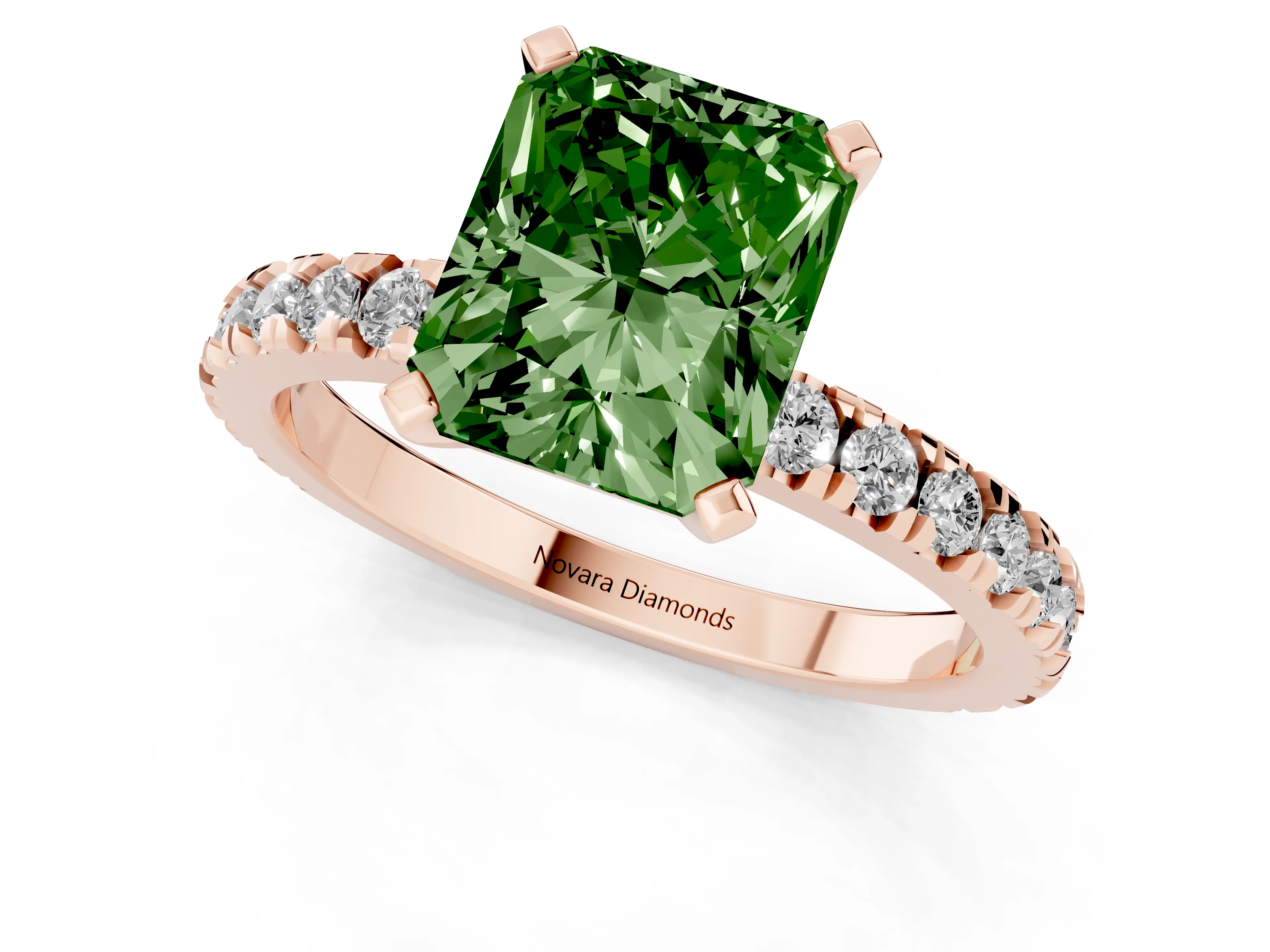 Fancy Green Radiant Cut Diamond Pavé Band Solitaire Set in Rose gold with Prong Setting