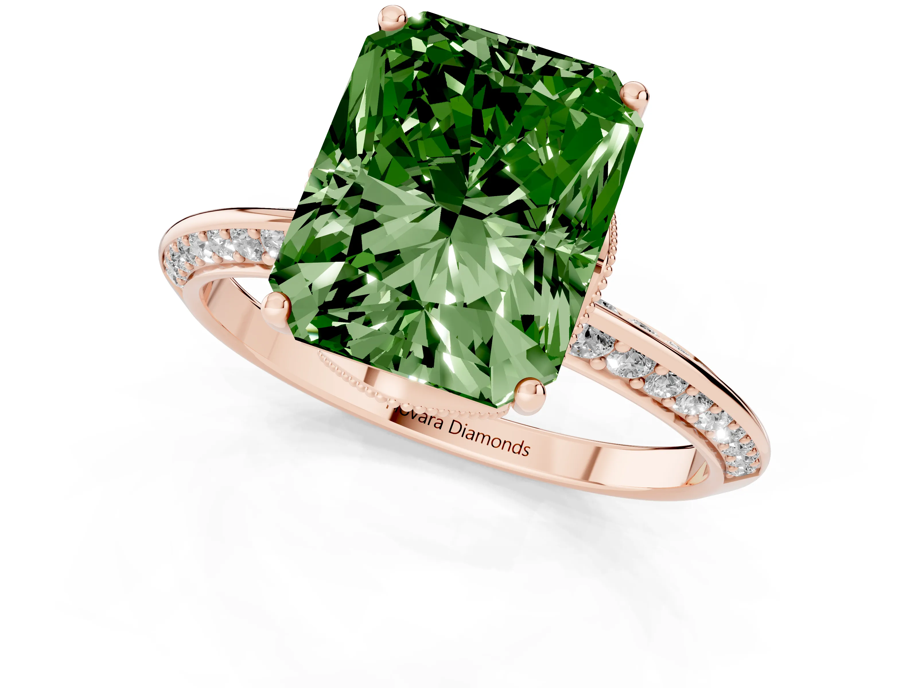 Fancy Green Radiant Cut Diamond Solitaire Engagement Ring Set in Rose gold with Pavé Split Shank and Prong Setting