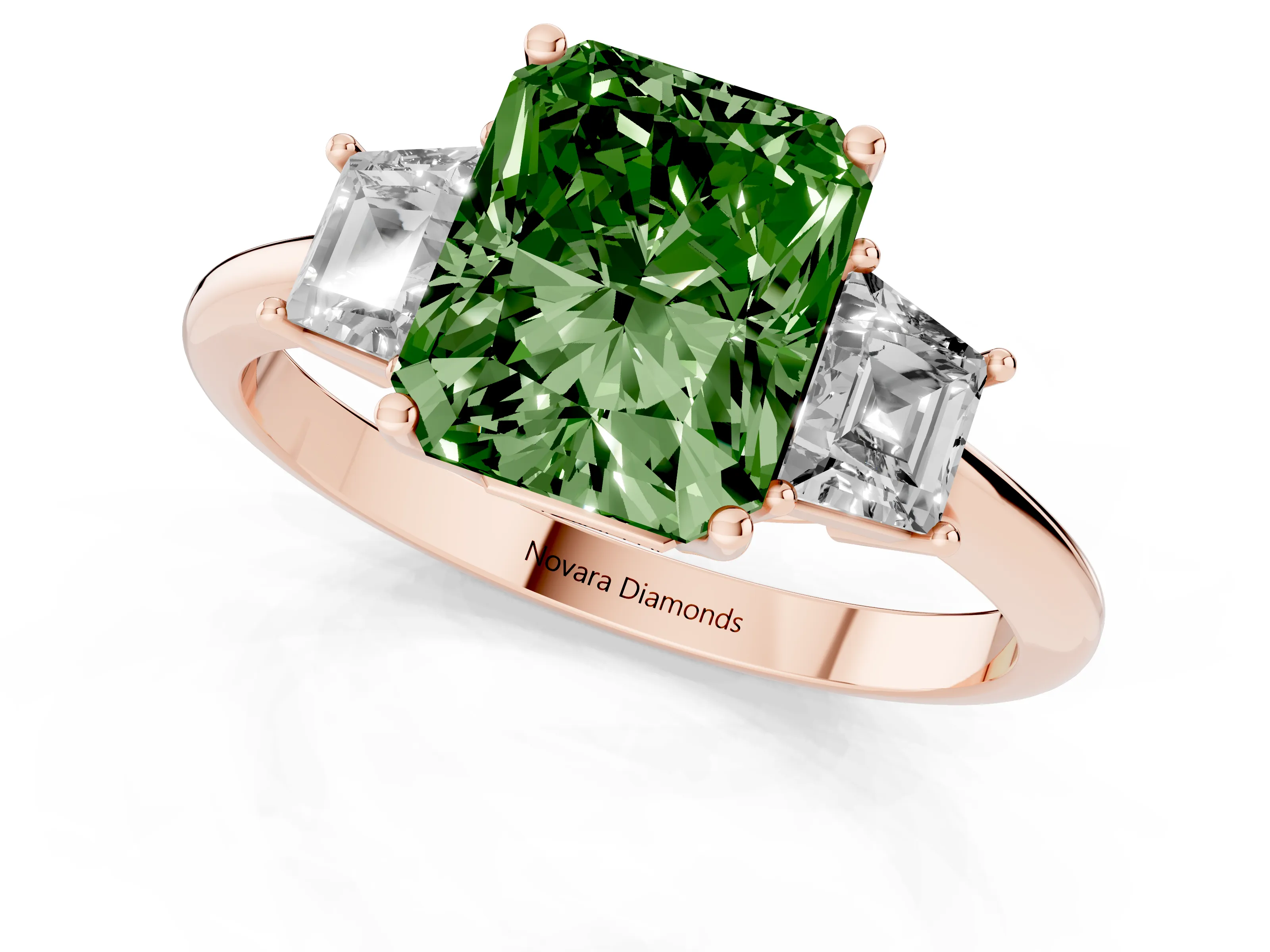 Fancy Green Radiant Cut Diamond Three-Stone Ring Set in Rose gold with Trapezoid Side Stones and Prong Setting