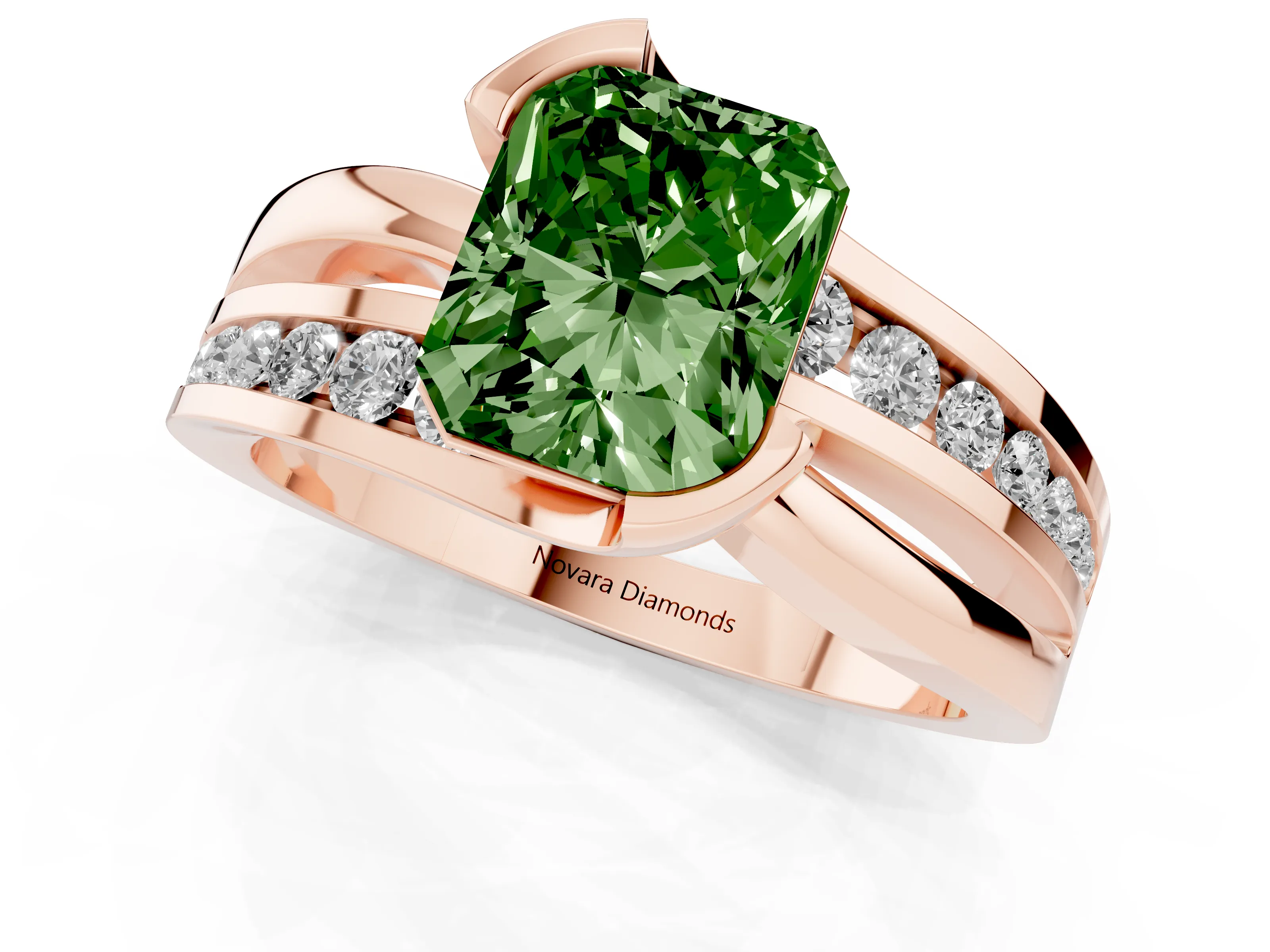 Fancy Green Radiant Cut Diamond Solitaire Ring Set in Rose gold with Channel Set Split Shank and Tension Prongs