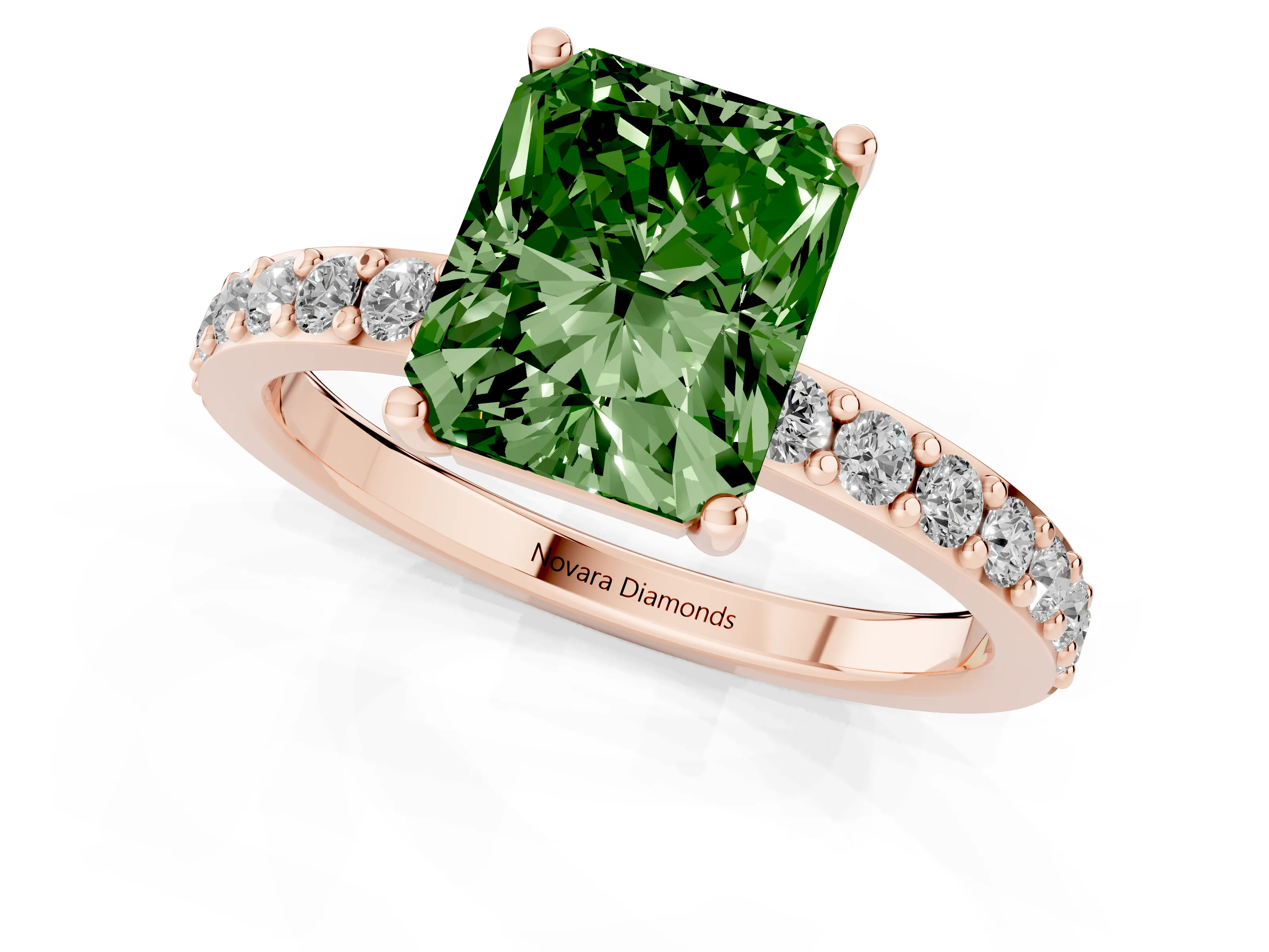Fancy Green Radiant Cut Diamond Solitaire Set in Rose gold with Round Pavé Band and Prong Setting