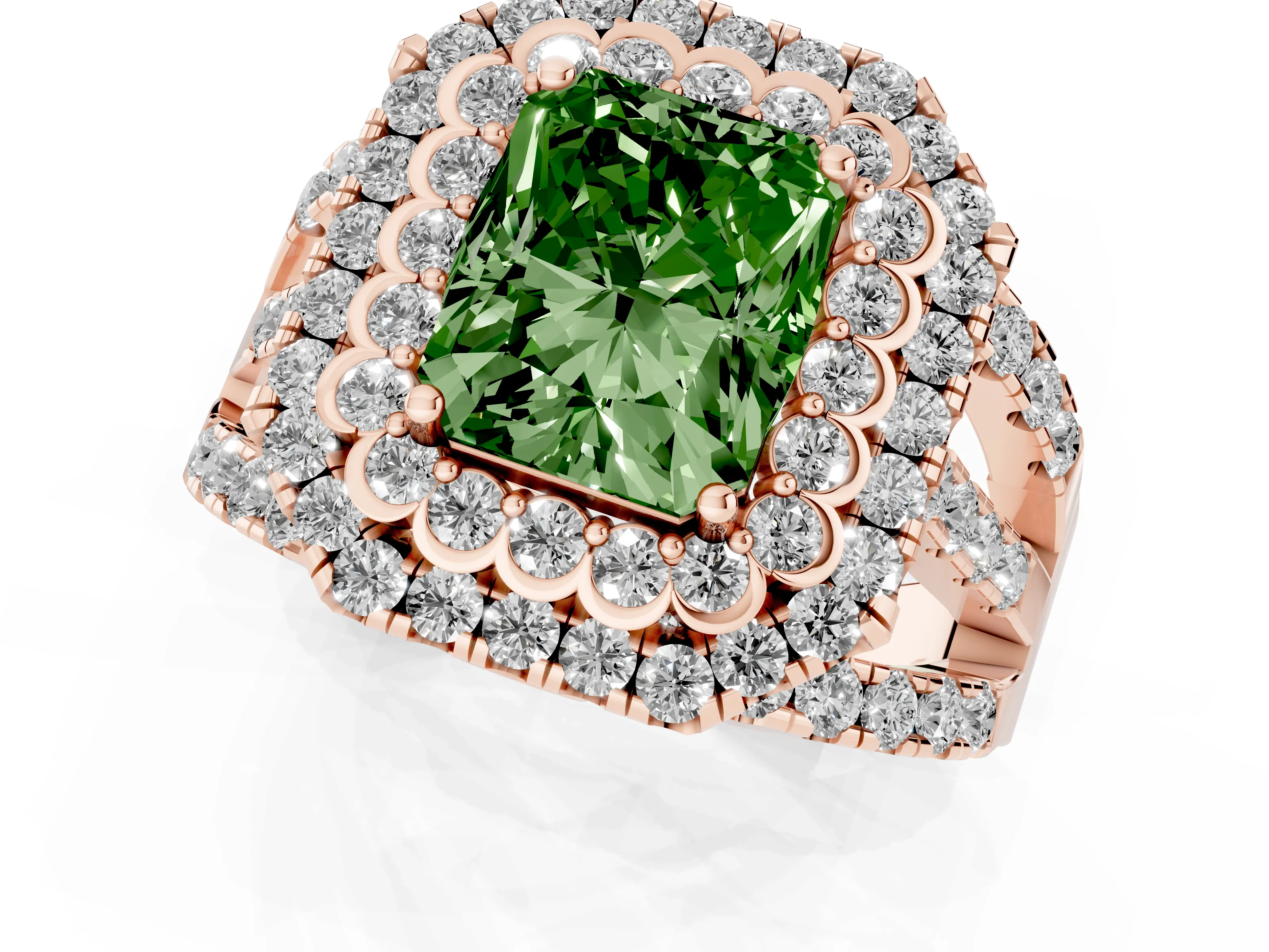 Fancy Green Radiant Cut Diamond Double Halo Ring Set in Rose gold with Round Pavé Split Shank