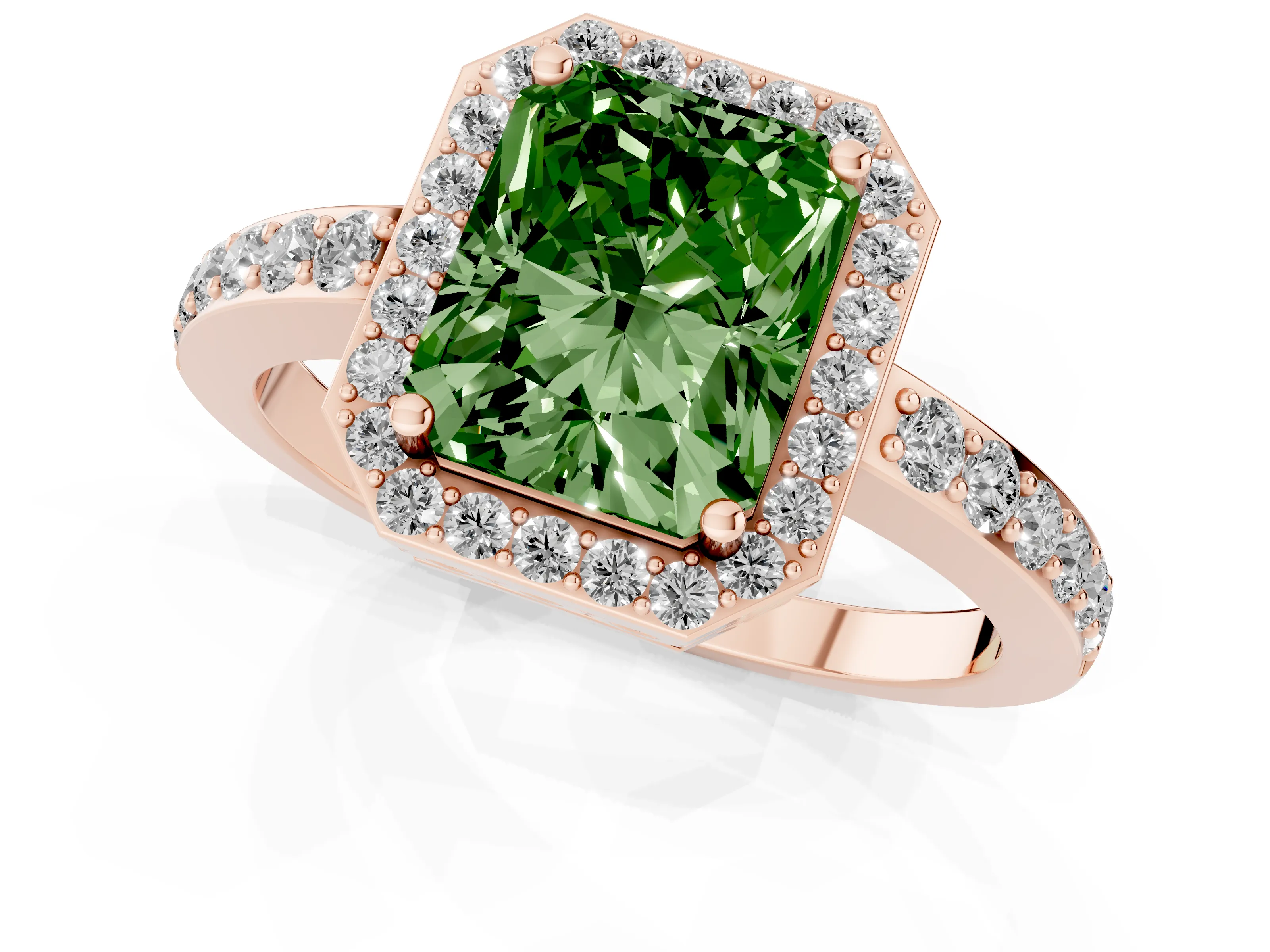 Fancy Green Radiant Cut Diamond Halo Ring Set in Rose gold with Pavé-Setting Band and Open Prong Center