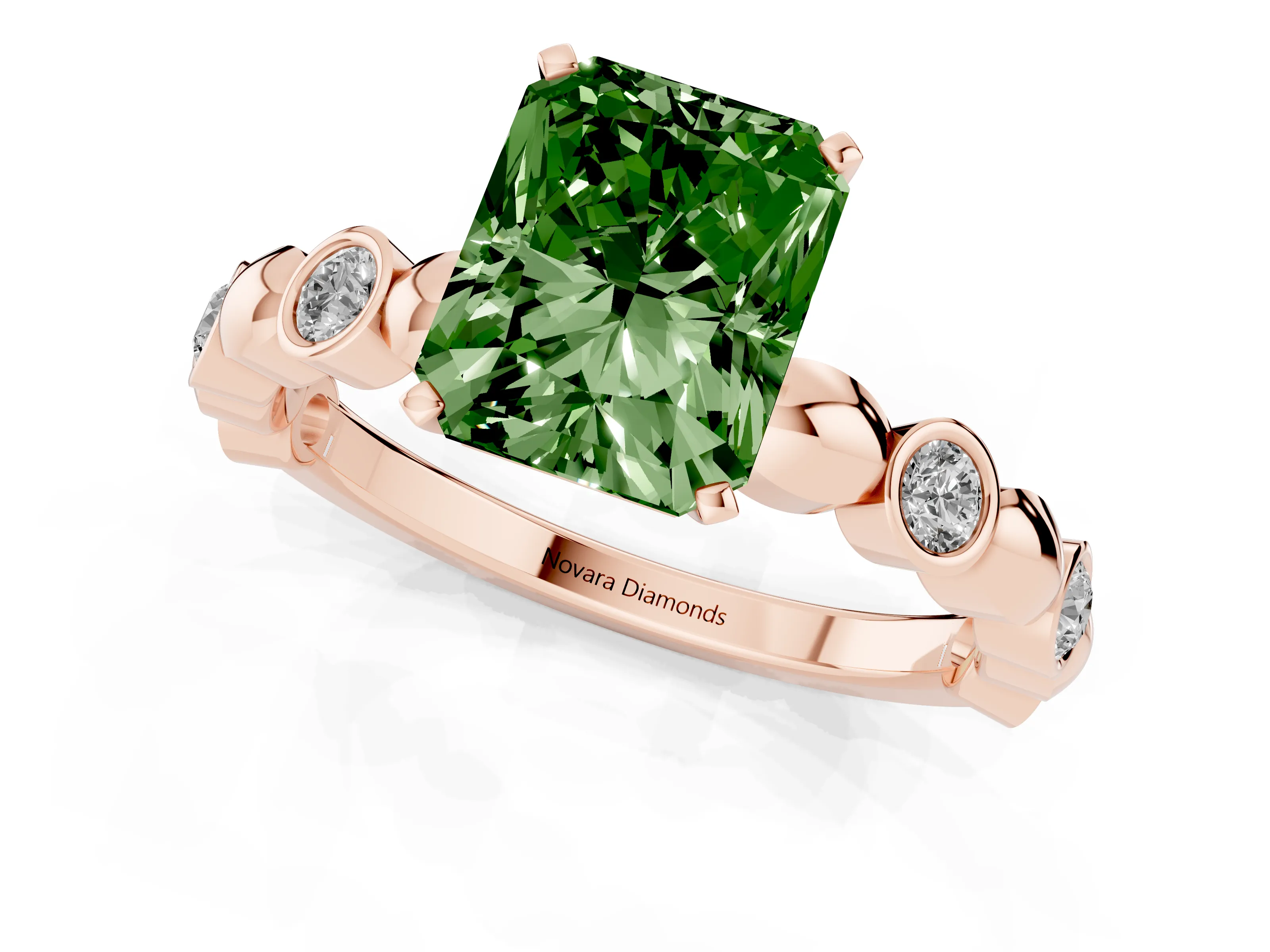 Fancy Green Radiant Cut Diamond Solitaire Ring Set in Rose gold with Bezel-Set Accents on Beaded Band and Prong Setting