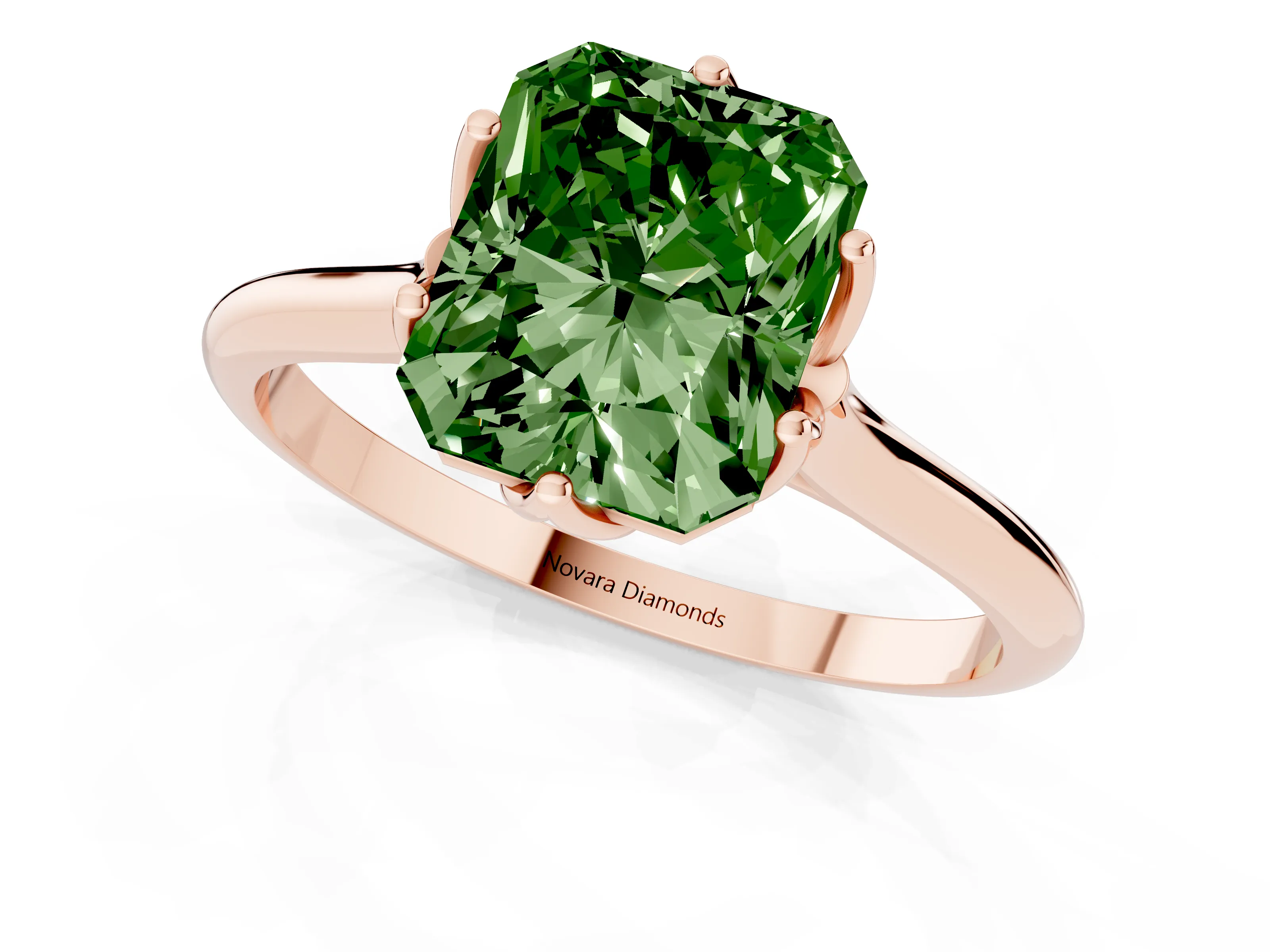 Fancy Green Radiant Cut Diamond Solitaire Cathedral Ring Set in Rose gold with Prong Setting