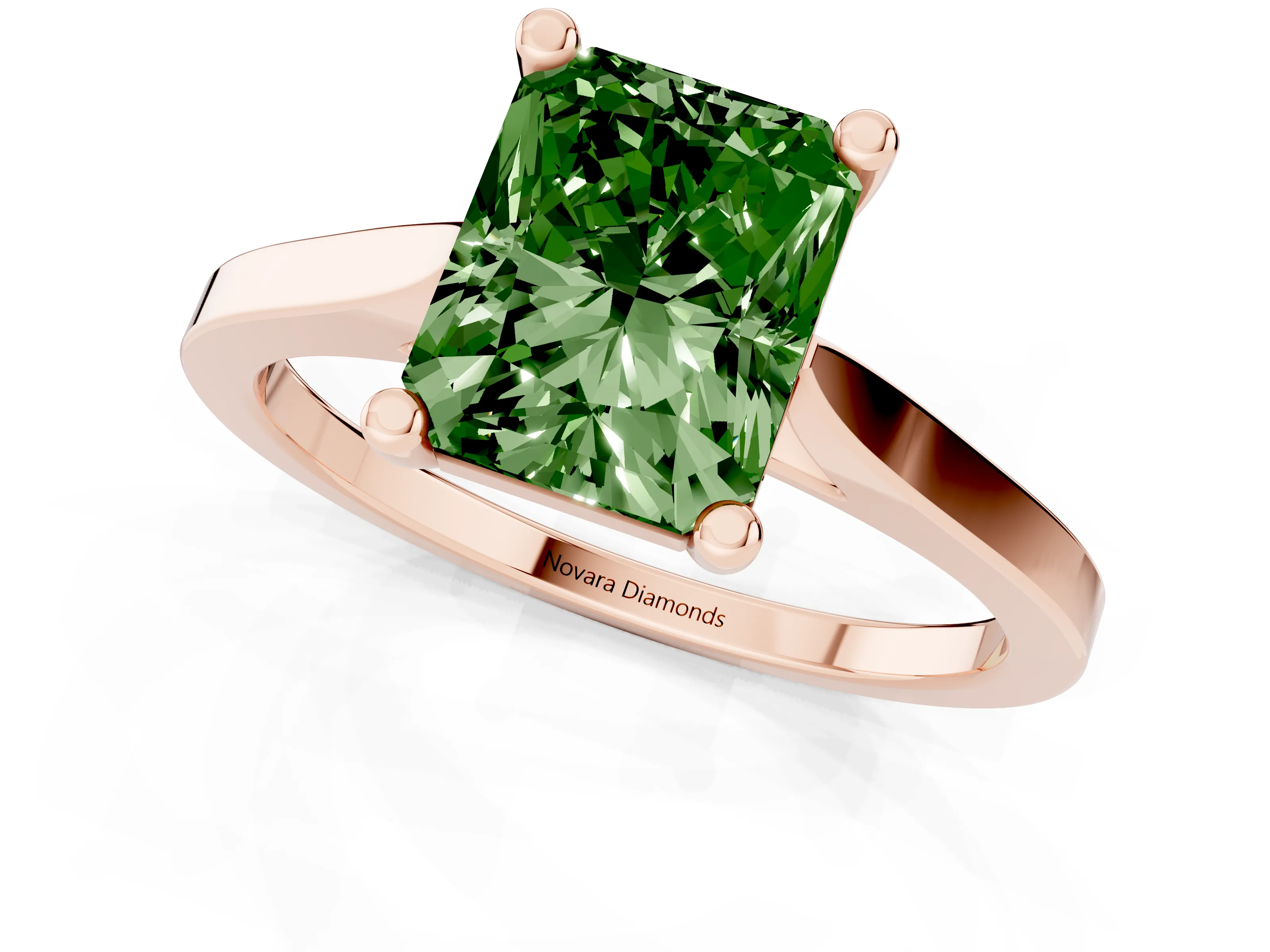 Fancy Green Radiant Cut Diamond Solitaire Ring Set in Rose gold with Prong Setting and Tapered Band