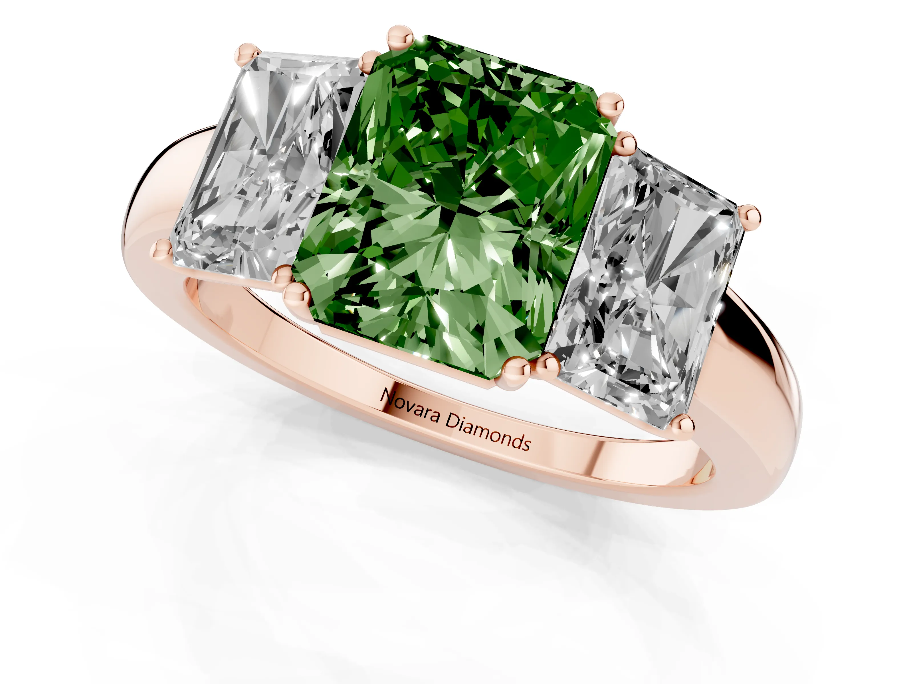 Fancy Green Radiant Cut Diamond Three-Stone Ring Set in Rose gold with Bold Center and Classic Band