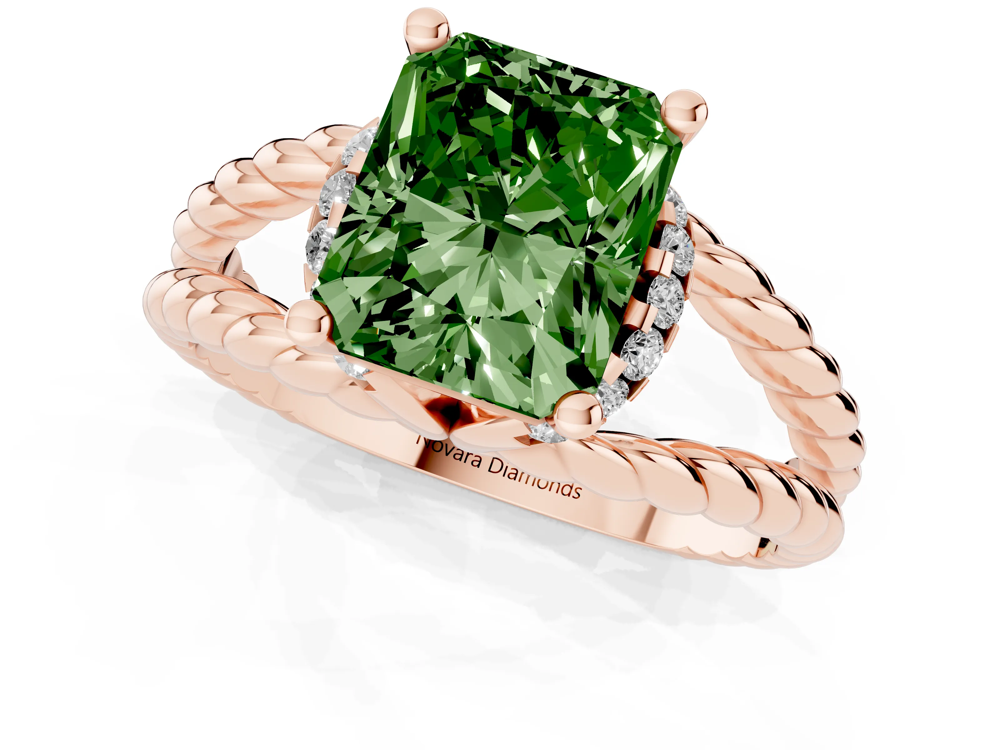Fancy Green Radiant Cut Diamond Halo Ring Set in Rose gold with Twisted Band and Prong Setting