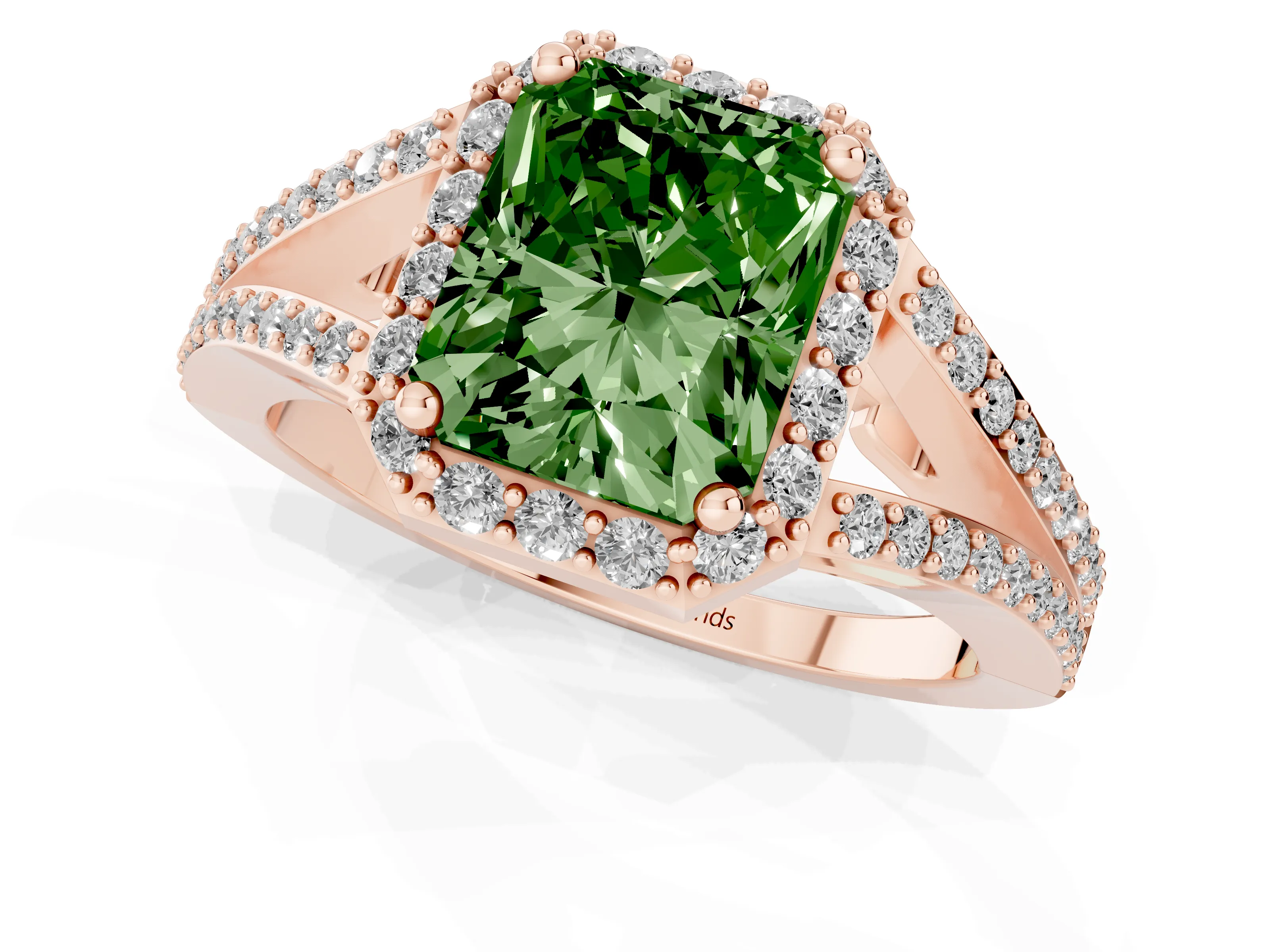 Fancy Green Radiant Cut Diamond Halo Split Shank Pavé Ring Set in Rose gold with Prong Setting