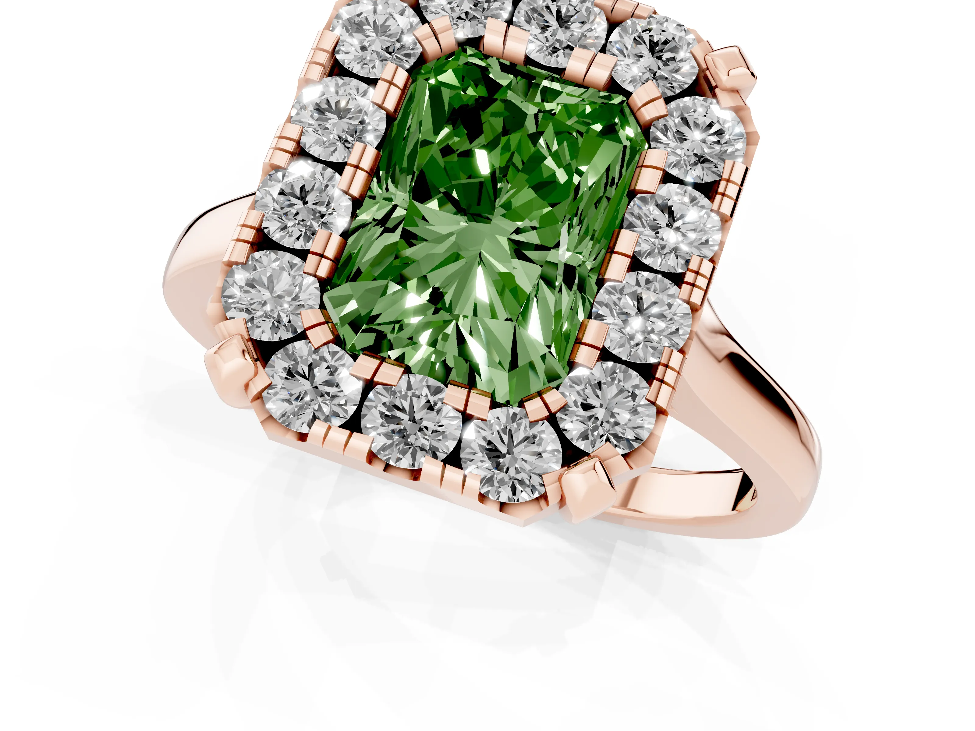 Fancy Green Radiant Cut Diamond Cluster Halo Solitaire Ring Set in Rose gold with Prong Setting