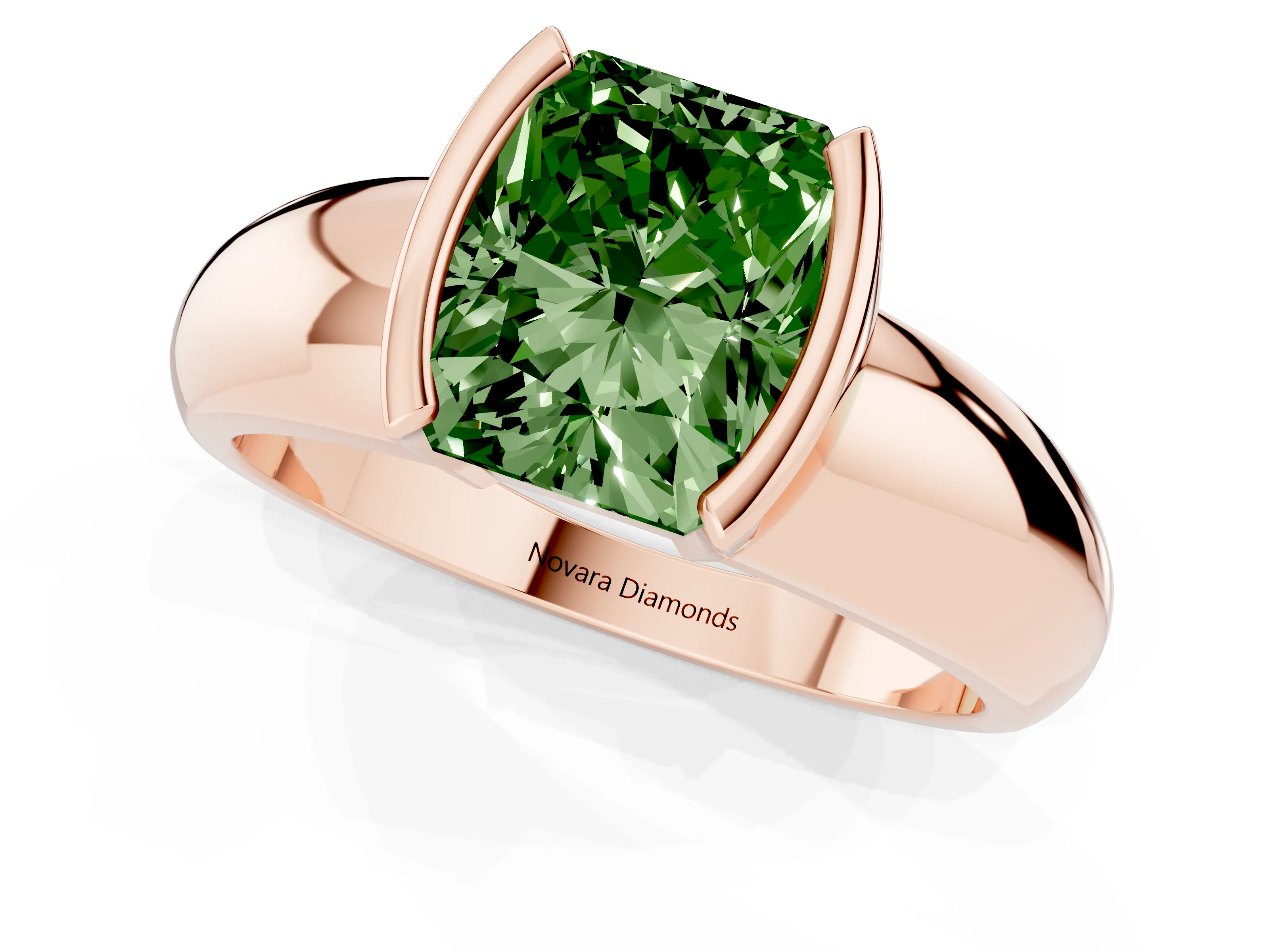 Fancy Green Radiant Cut Diamond Solitaire Tension Set Ring Set in Rose gold with Wide Band