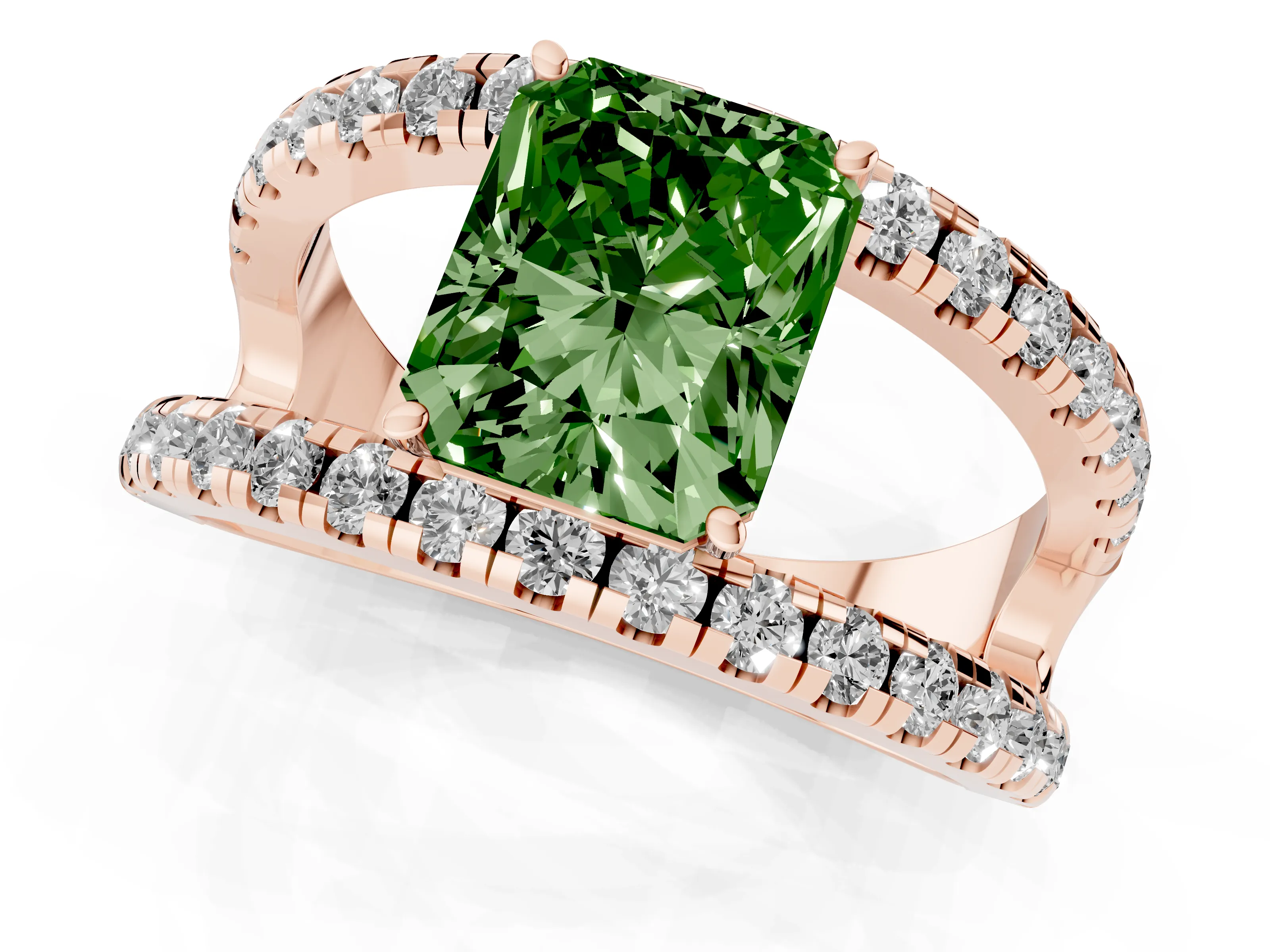 Fancy Green Radiant Cut Diamond Split Shank Pavé Solitaire Ring Set in Rose gold with Open Shank Design