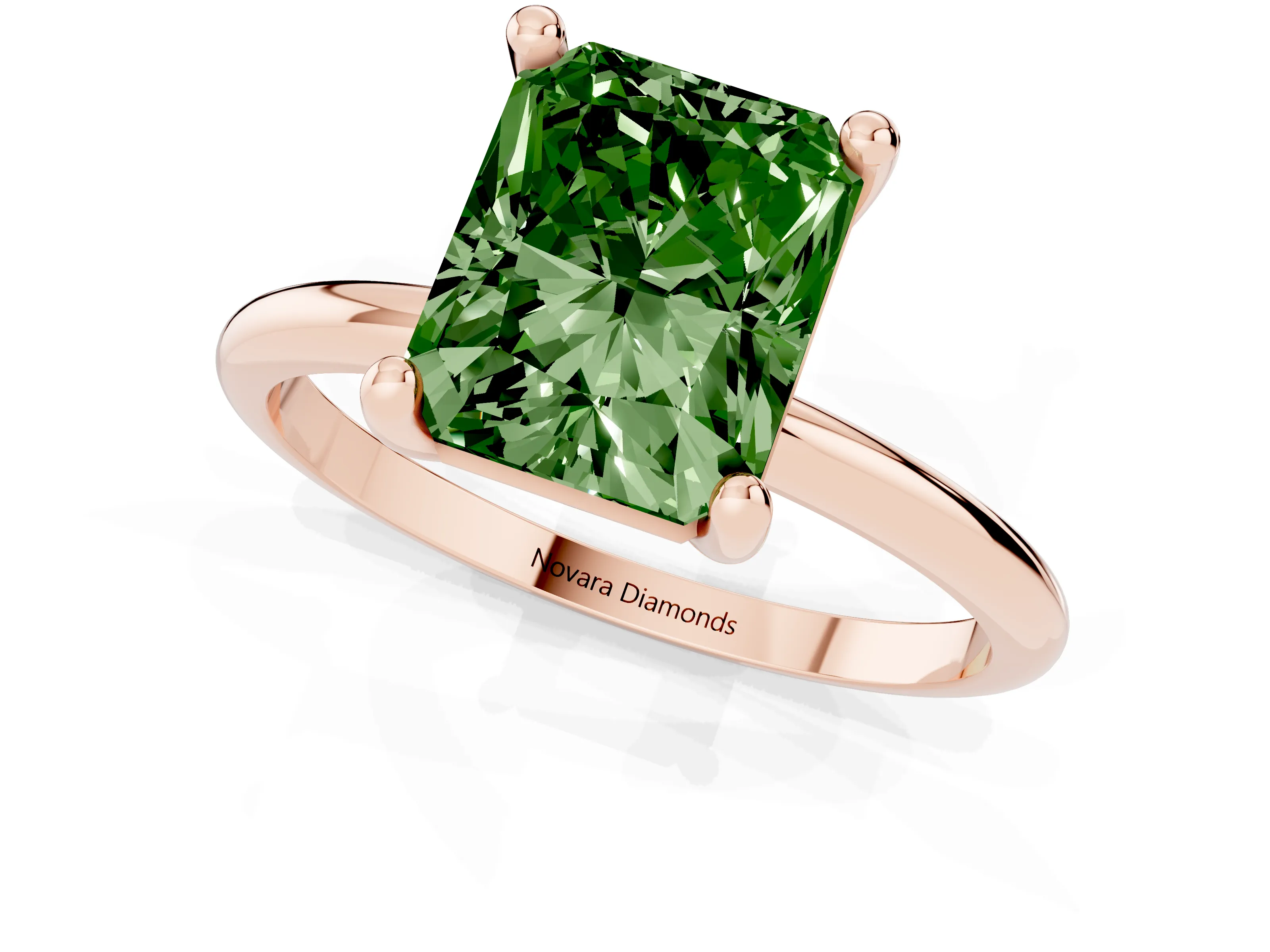 Fancy Green Radiant Cut Diamond Solitaire Ring Set in Rose gold with Secure Prong Setting on a Classic Band