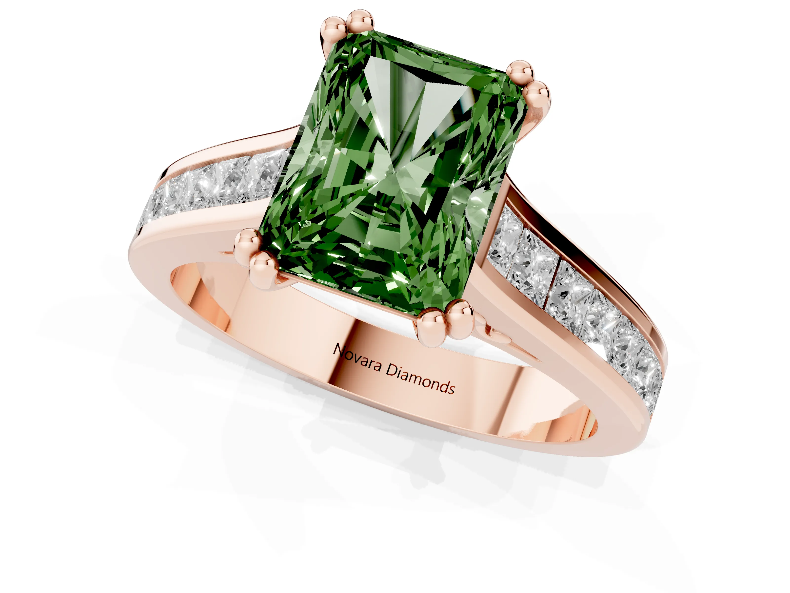 Fancy Green Radiant Cut Diamond Channel Set Solitaire Engagement Ring Set in Rose gold with Prong Setting