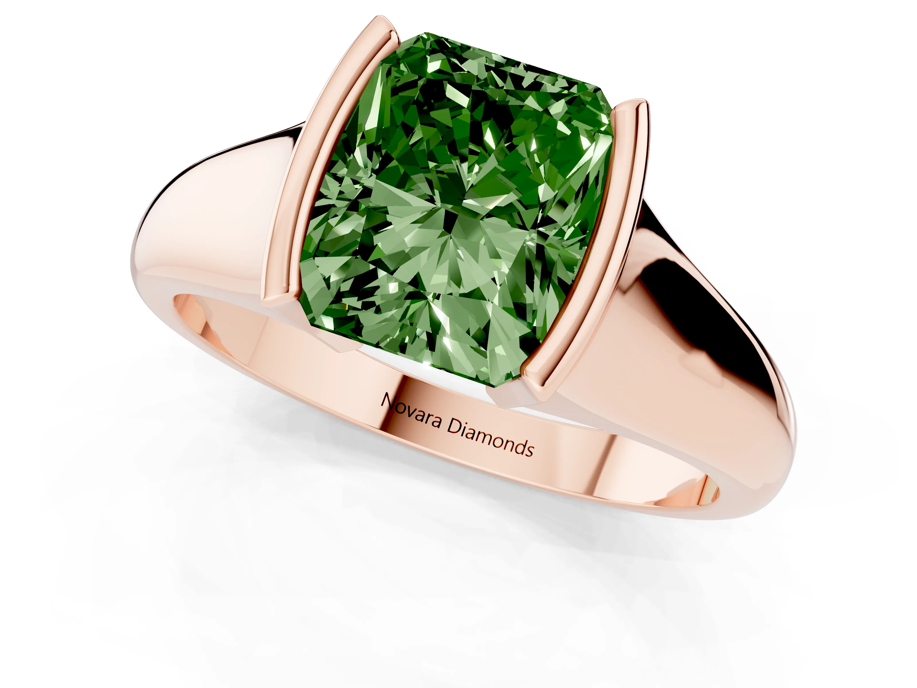 Fancy Green Radiant Cut Diamond Solitaire Tension Set Ring Set in Rose gold with Split Shank Band