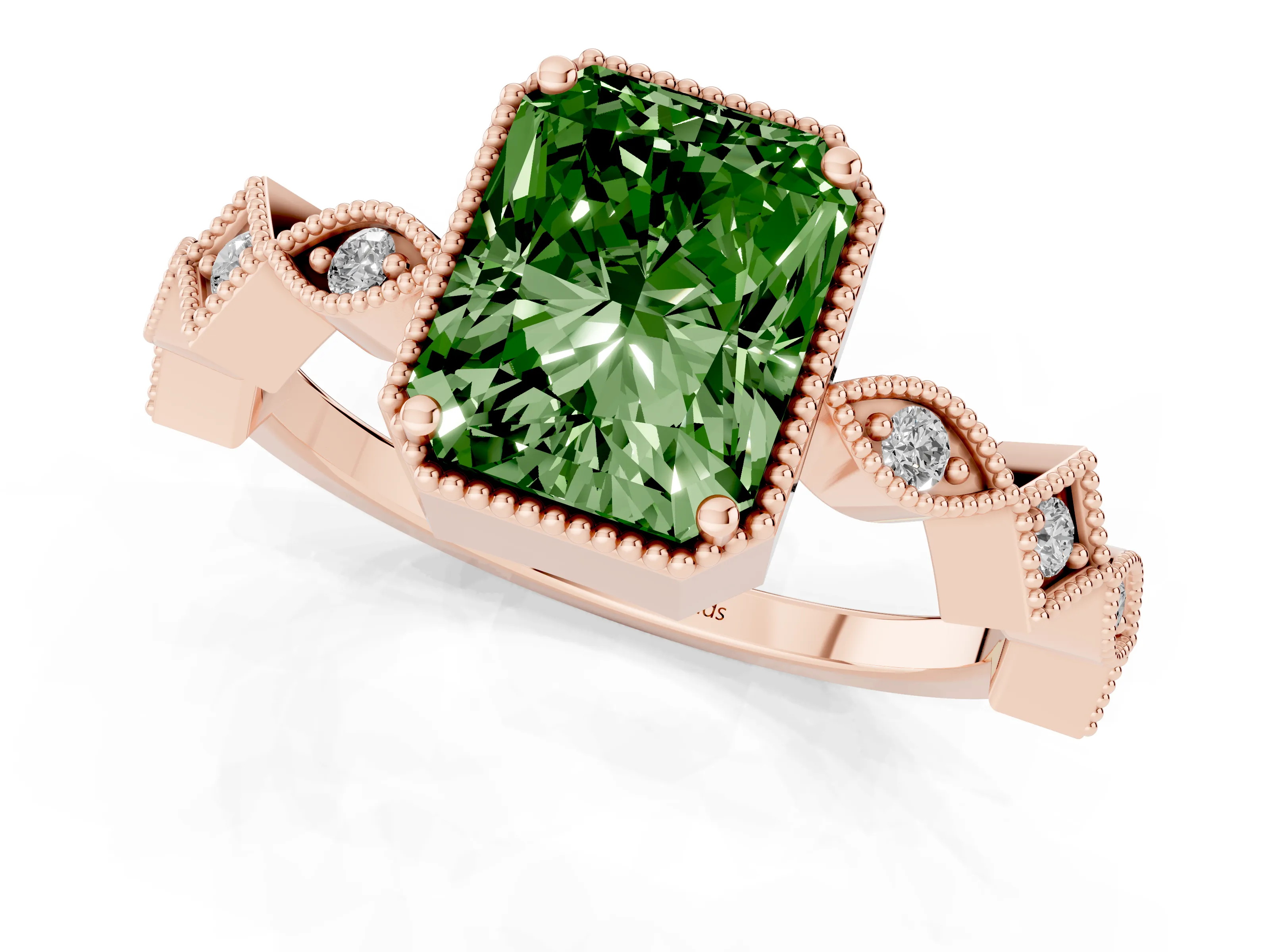 Fancy Green Radiant Cut Diamond Milgrain Marquise Twist Band Ring Set in Rose gold with Prong Setting
