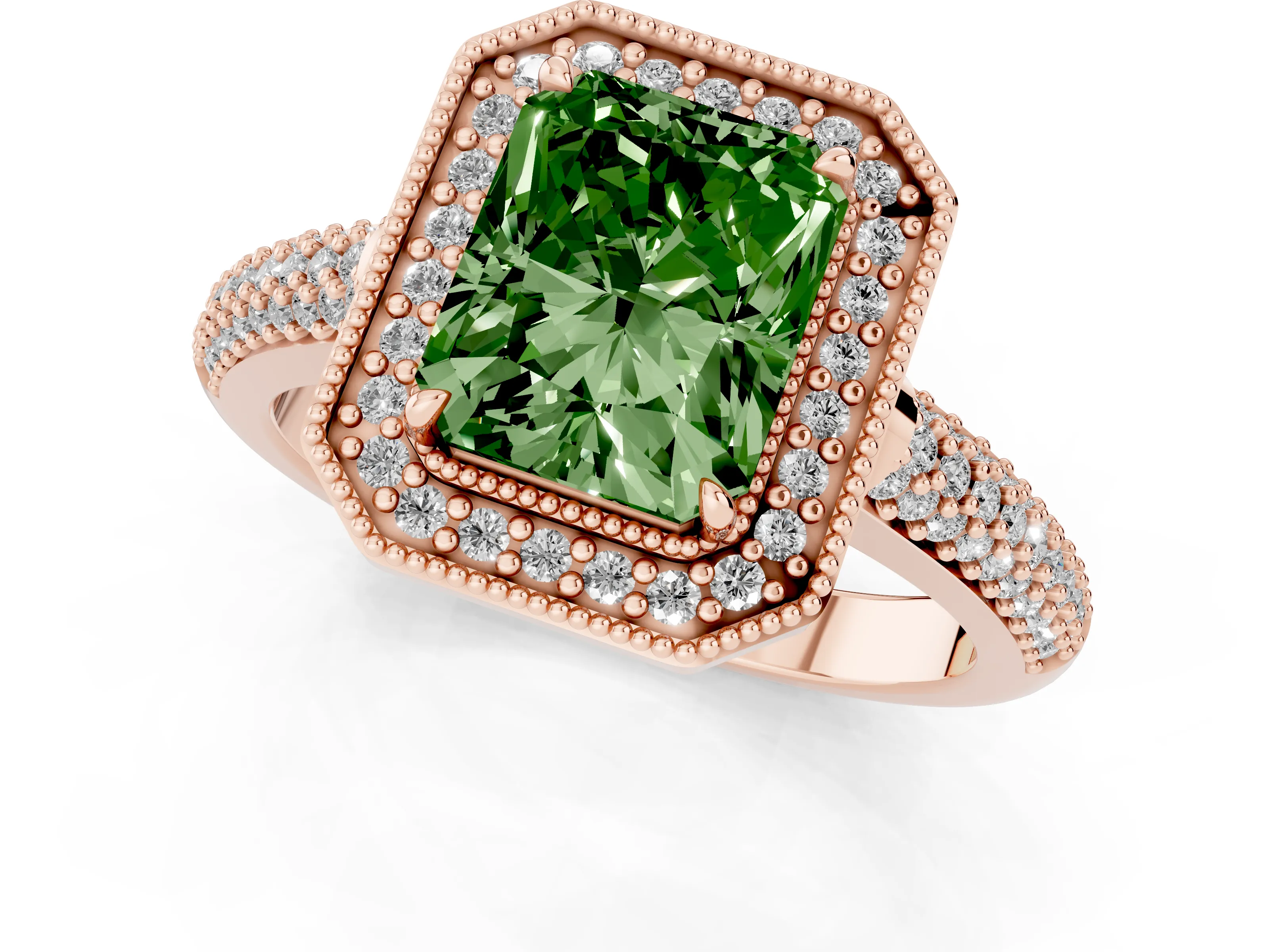 Fancy Green Radiant Cut Diamond Halo Pavé Band Set in Rose gold with Prong Setting