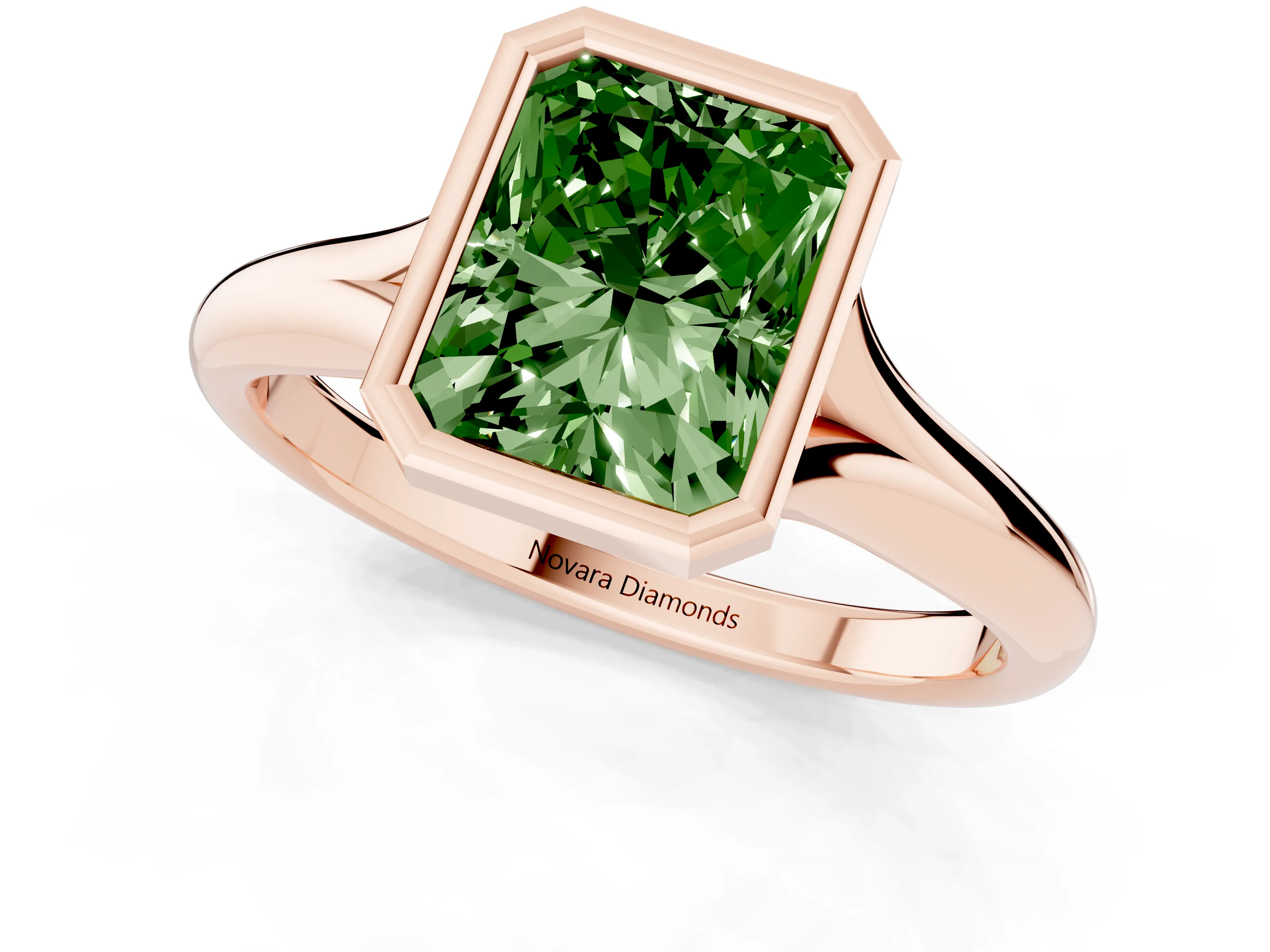 Fancy Green Bezel Set Radiant Cut Diamond Solitaire Ring Set in Rose gold with Smooth Band