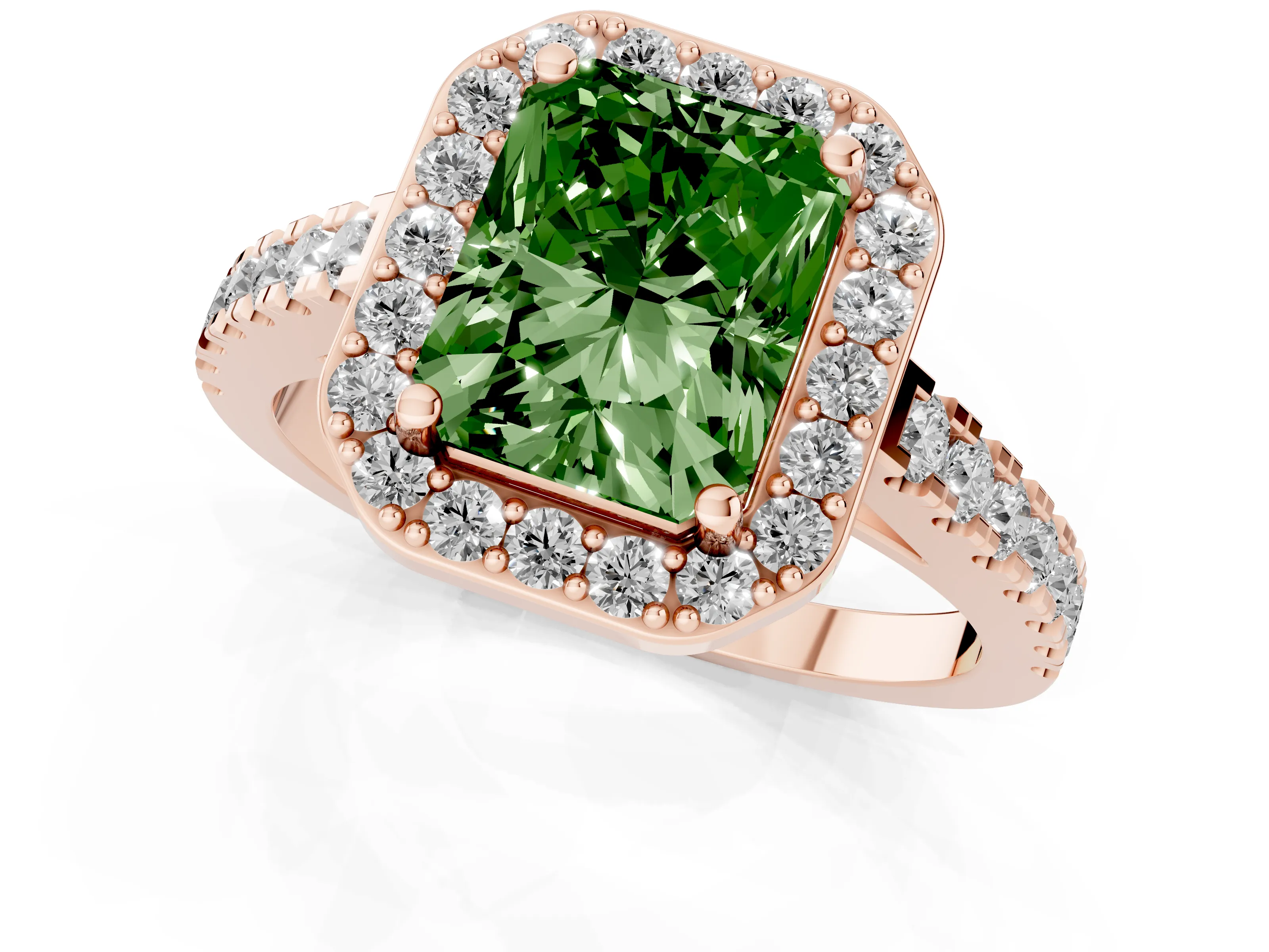 Fancy Green Radiant Cut Diamond Halo Ring Set in Rose gold with Round Pavé Split Shank and Prong Setting