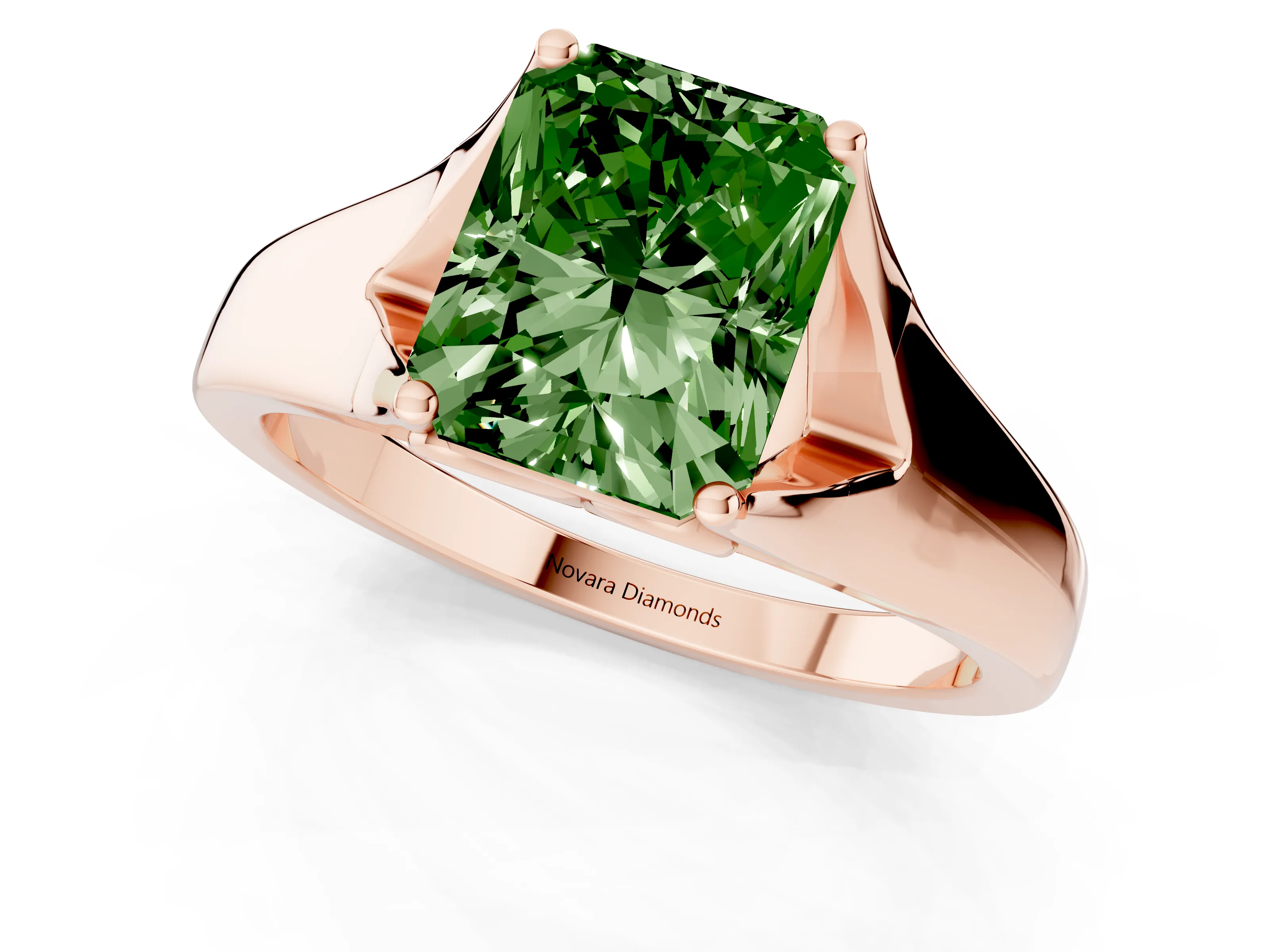 Fancy Green Radiant Cut Diamond Solitaire Ring Set in Rose gold with Arched Cathedral Band and Prong Setting
