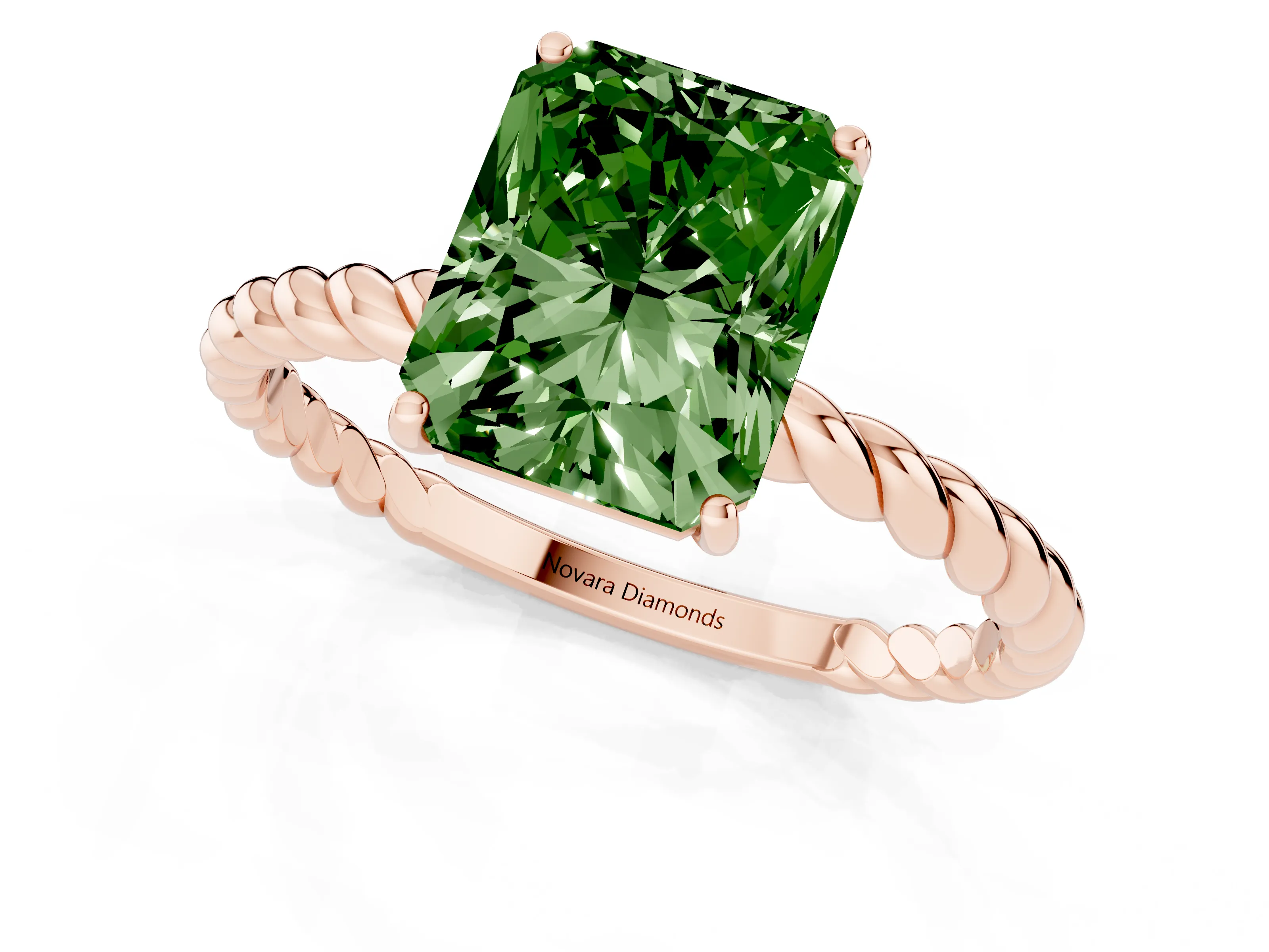 Fancy Green Radiant Cut Diamond Solitaire Ring Set in Rose gold with Twist Band and Prong Setting