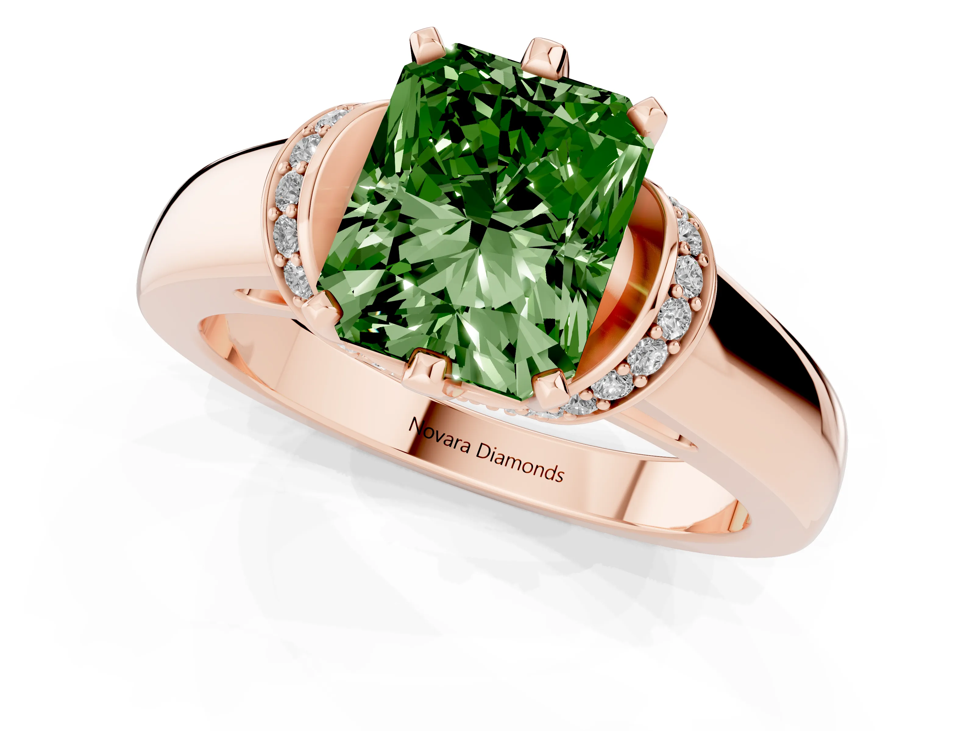 Fancy Green Radiant Cut Diamond Pavé Band Solitaire Ring Set in Rose gold with Prong Setting