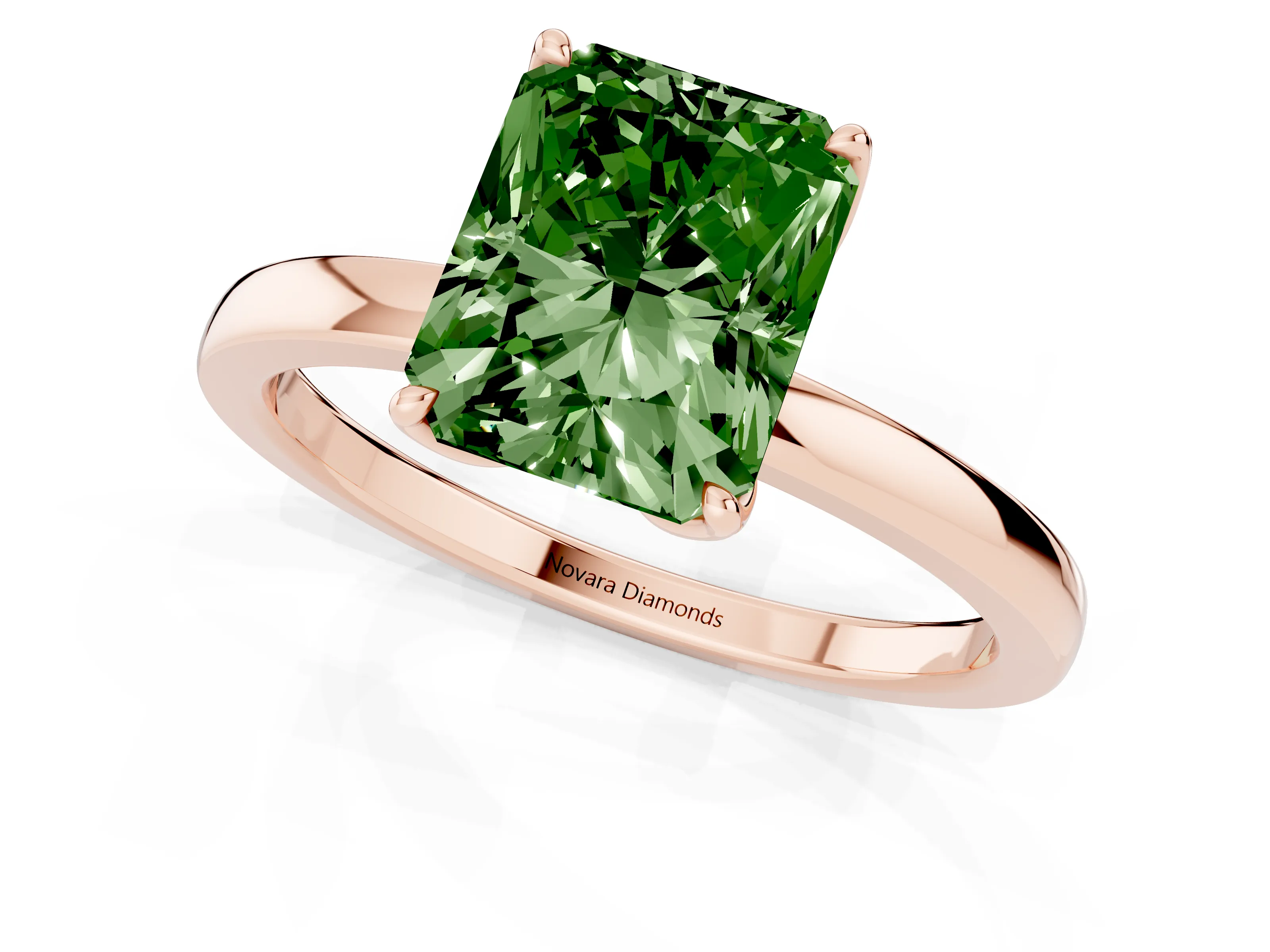 Fancy Green Radiant Cut Diamond Solitaire Ring Set in Rose gold with Prong Setting and Thin Polished Band