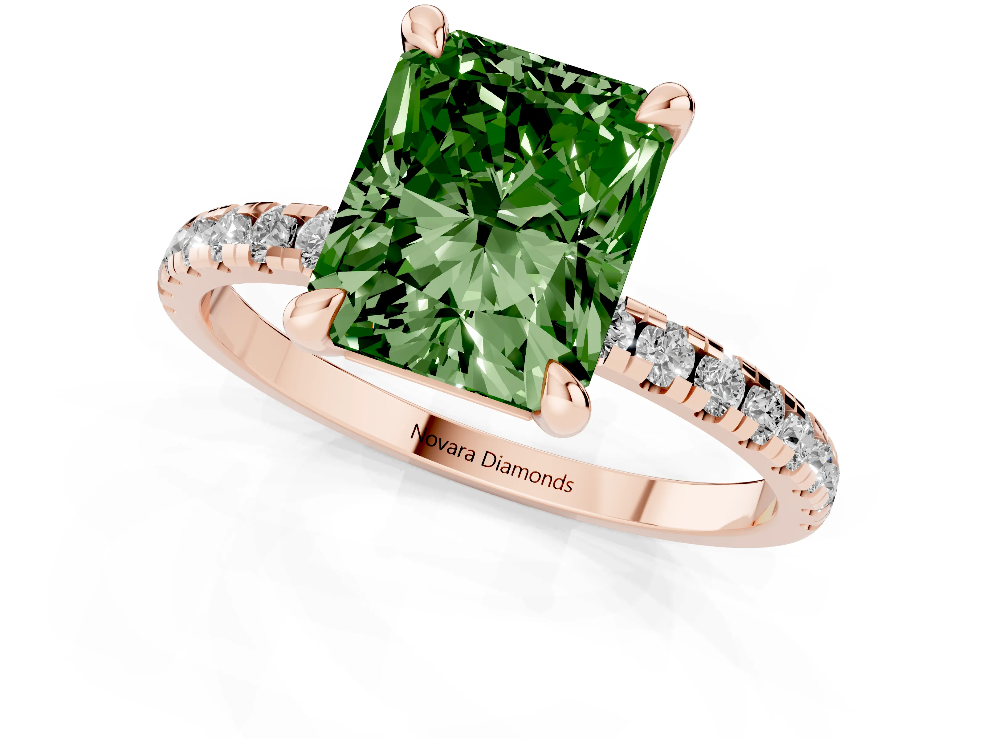 Fancy Green Radiant Cut Diamond Brilliant Solitaire Ring Set in Rose gold with Pavé Band and Prong Setting