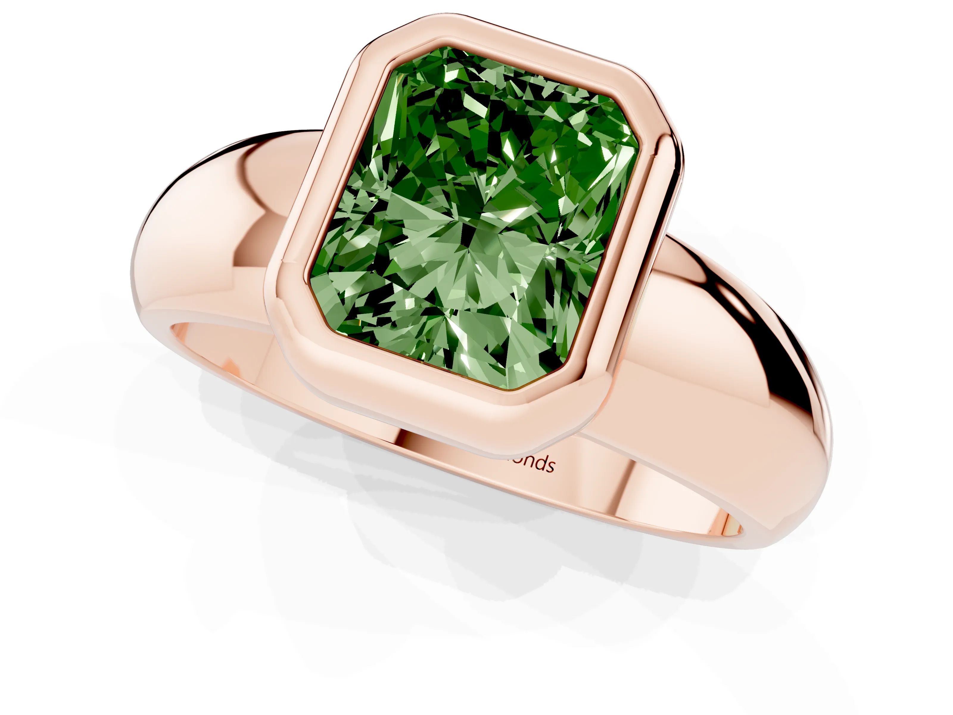 Fancy Green Bezel Set Radiant Cut Diamond Solitaire Ring Set in Rose gold with Wide Band