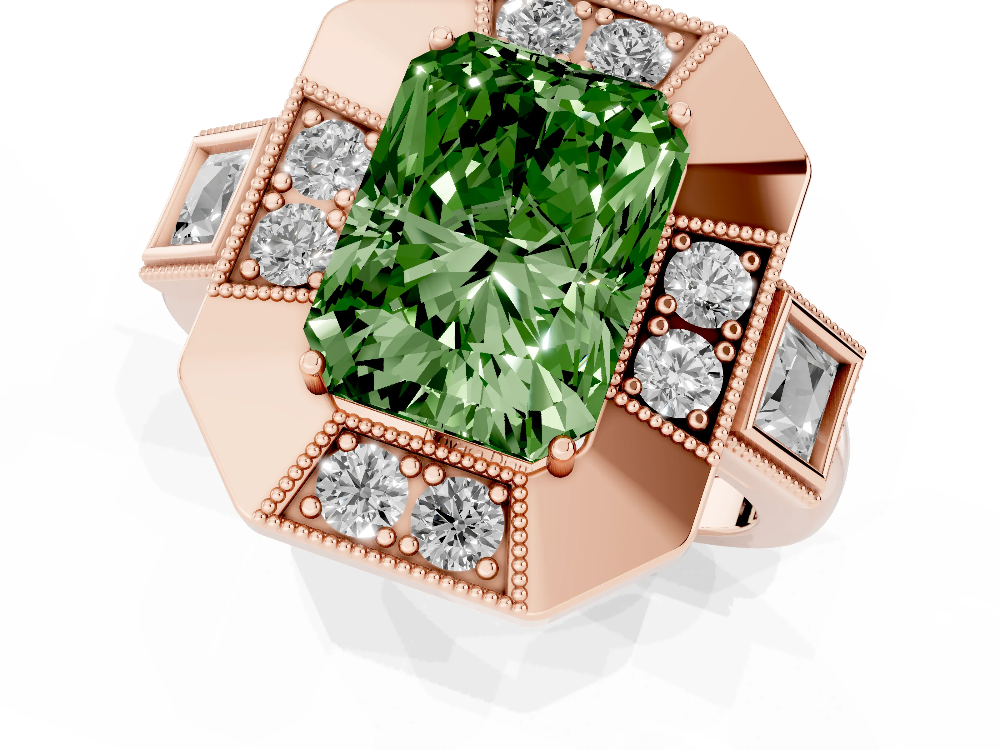 Fancy Green Radiant Cut Diamond Milgrain Halo Ring Set in Rose gold with Split Shank