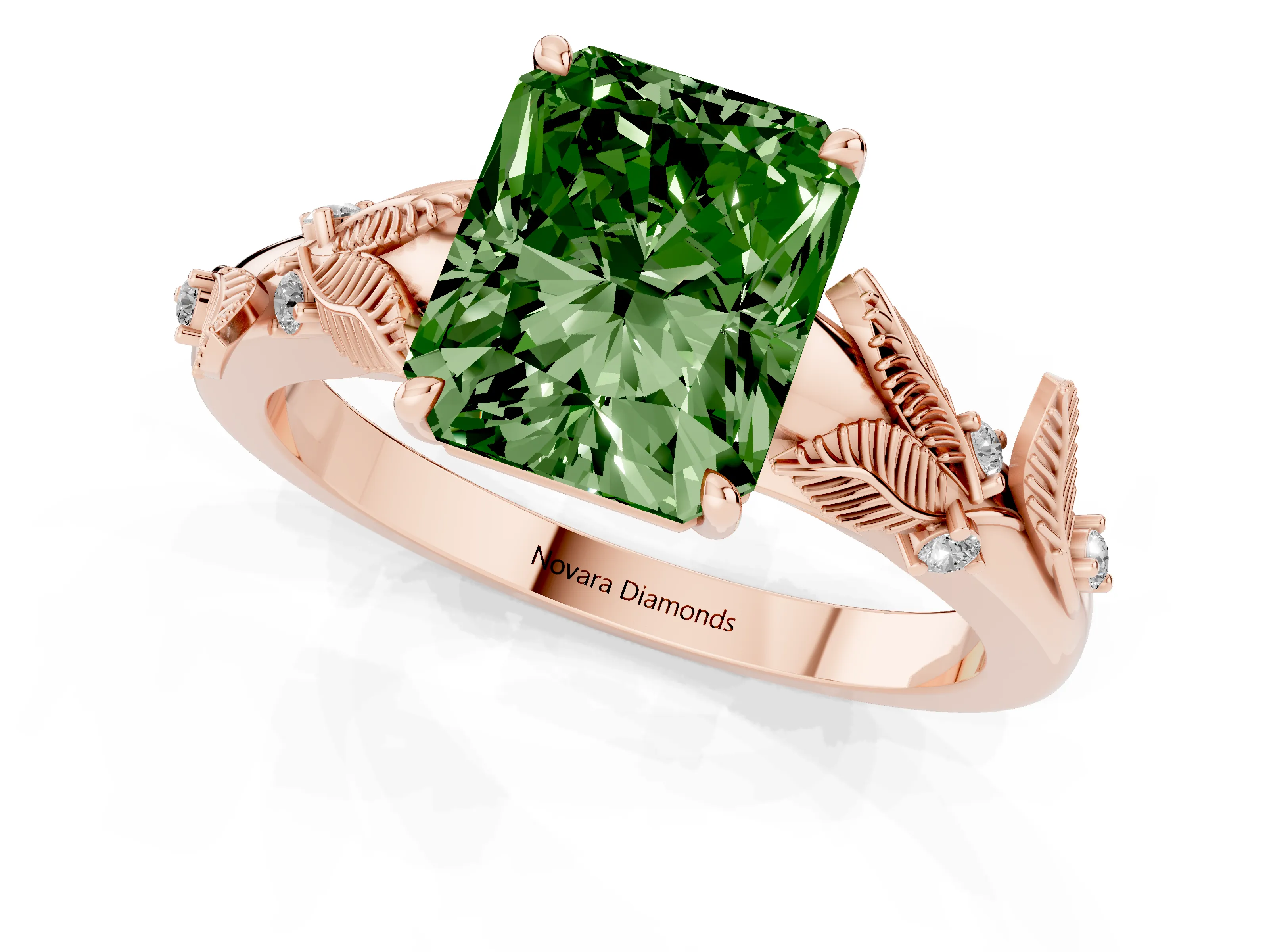 Fancy Green Radiant Cut Diamond Solitaire Ring Set in Rose gold with Leaf Motif Band