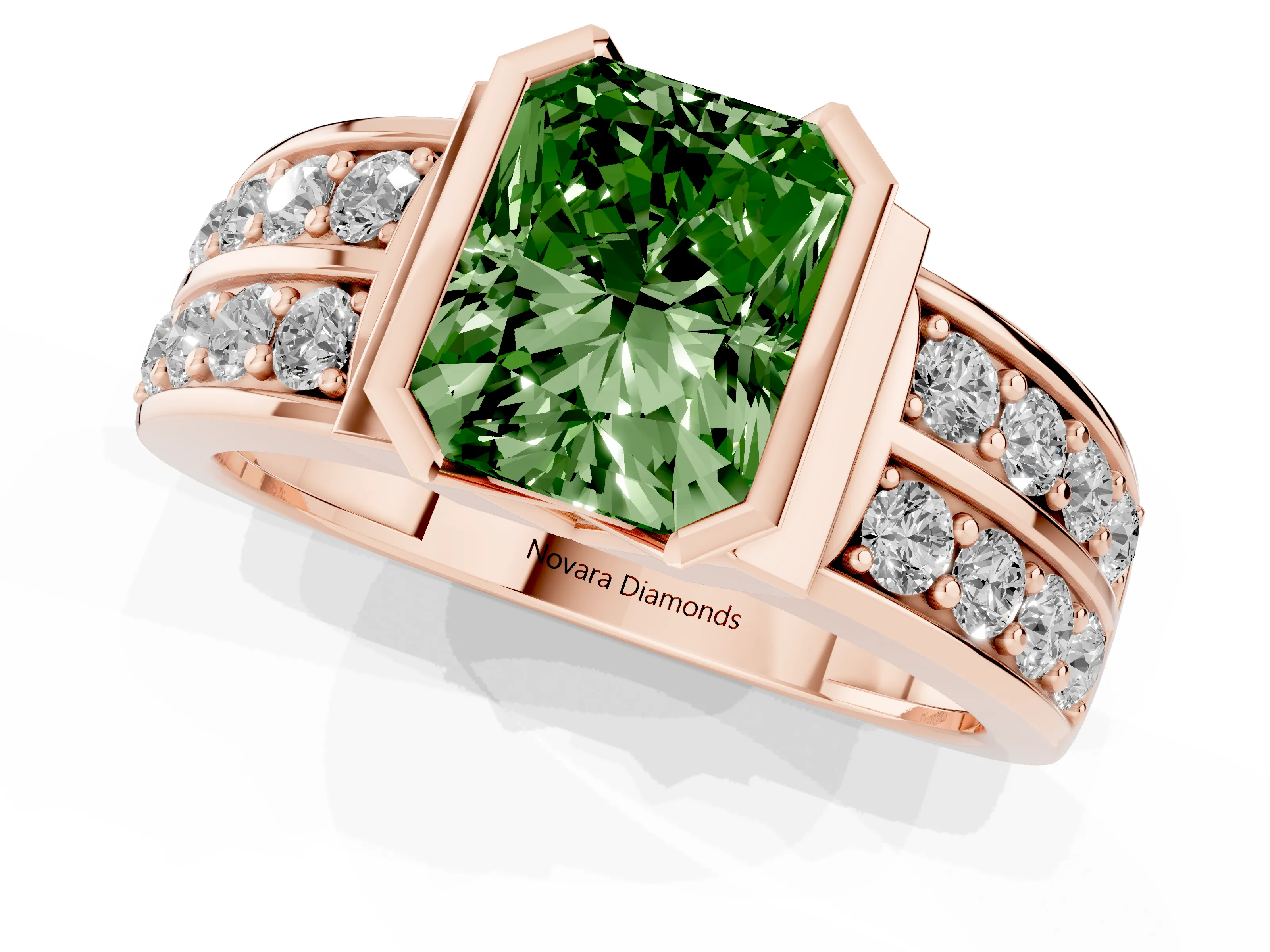 Fancy Green Radiant Cut Diamond Wide Channel Set Band Ring Set in Rose gold with Bezel Setting