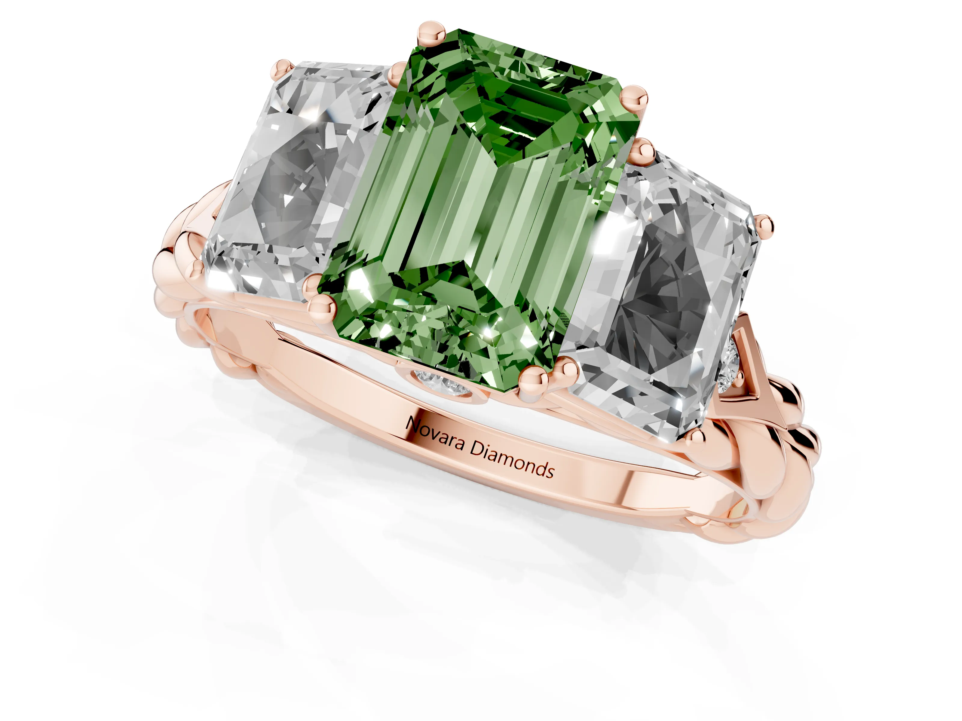 Fancy Green Radiant Cut Diamond Three-Stone Ring Set in Rose gold with Braided Band