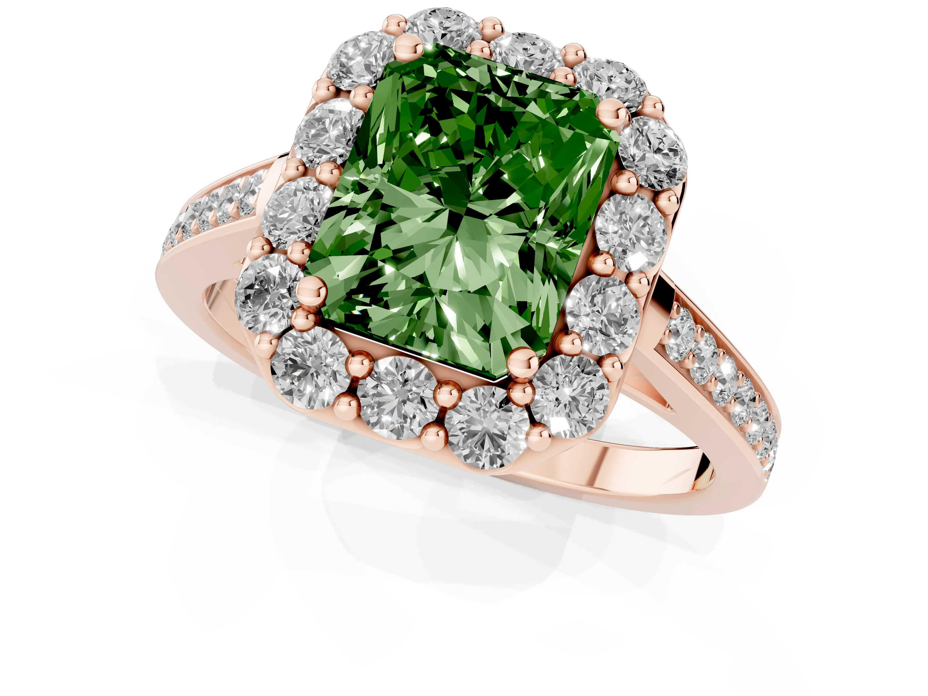 Fancy Green Radiant Cut Diamond Floral Halo Ring Set in Rose gold with Pavé Band and Prong Setting