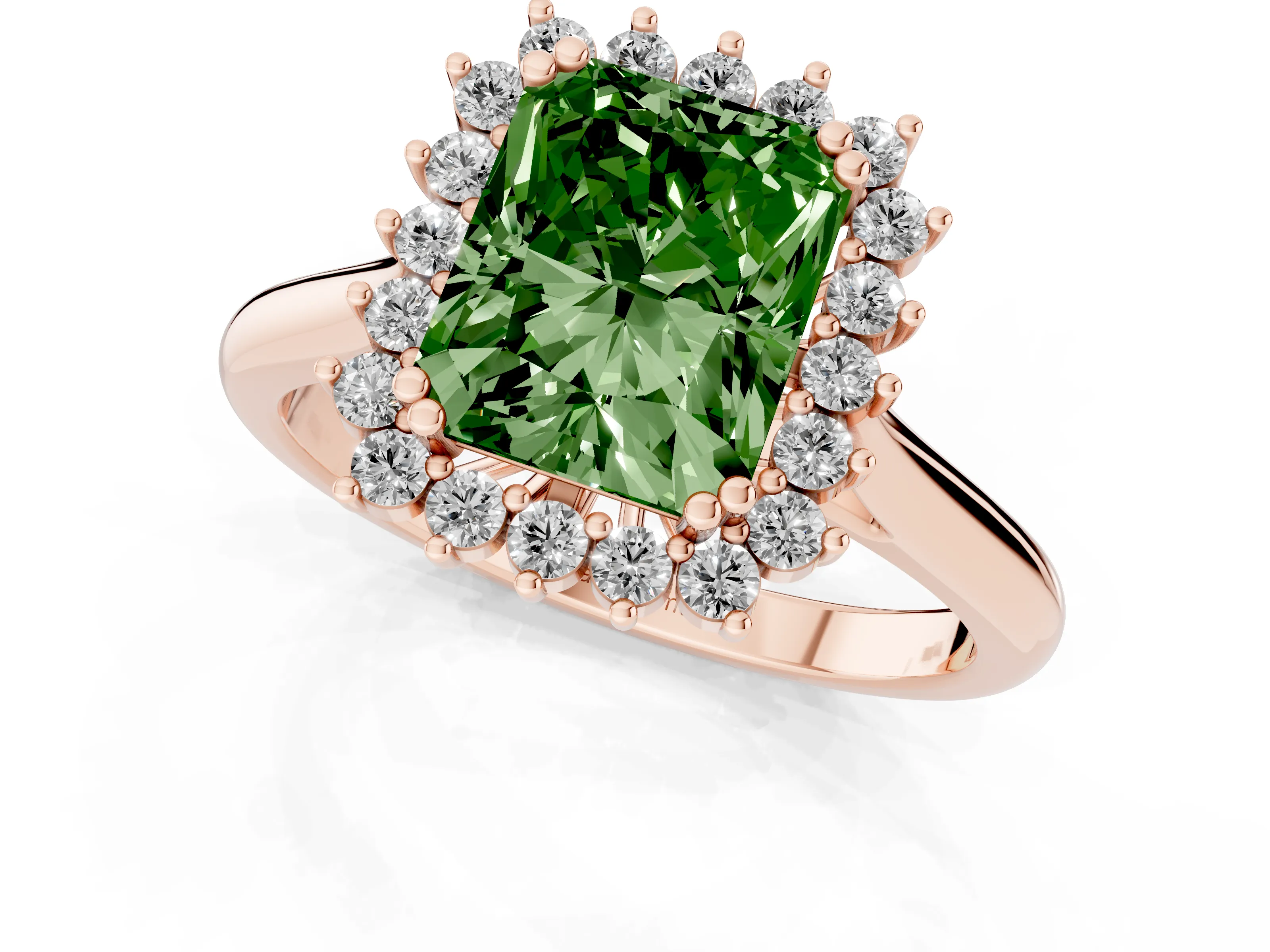 Fancy Green Radiant Cut Diamond Halo Ring Set in Rose gold with Plain Solitaire Band and Prong Setting