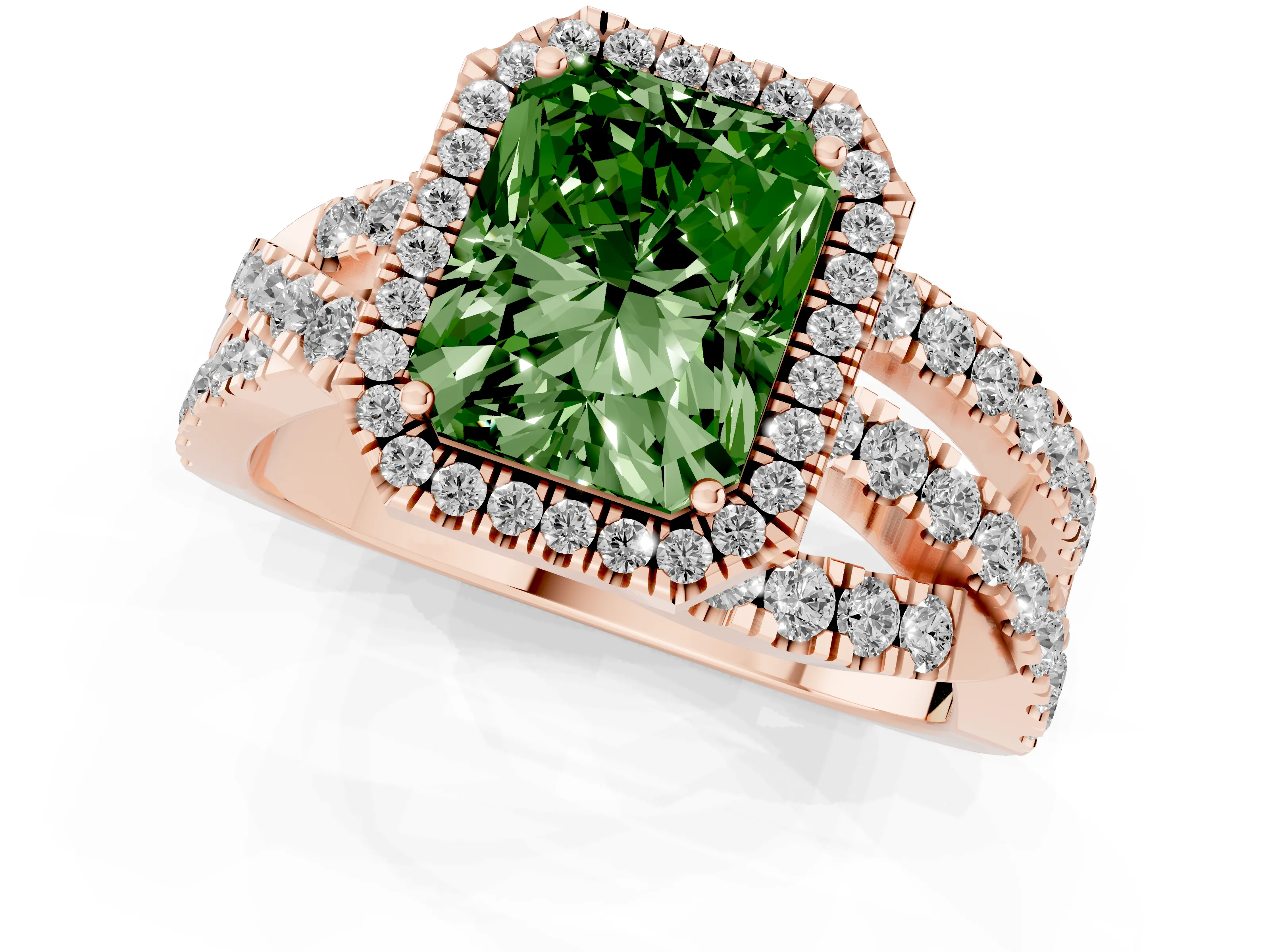 Fancy Green Radiant Cut Diamond Halo Ring Set in Rose gold with Round Crossover Split Shank and Prong Setting