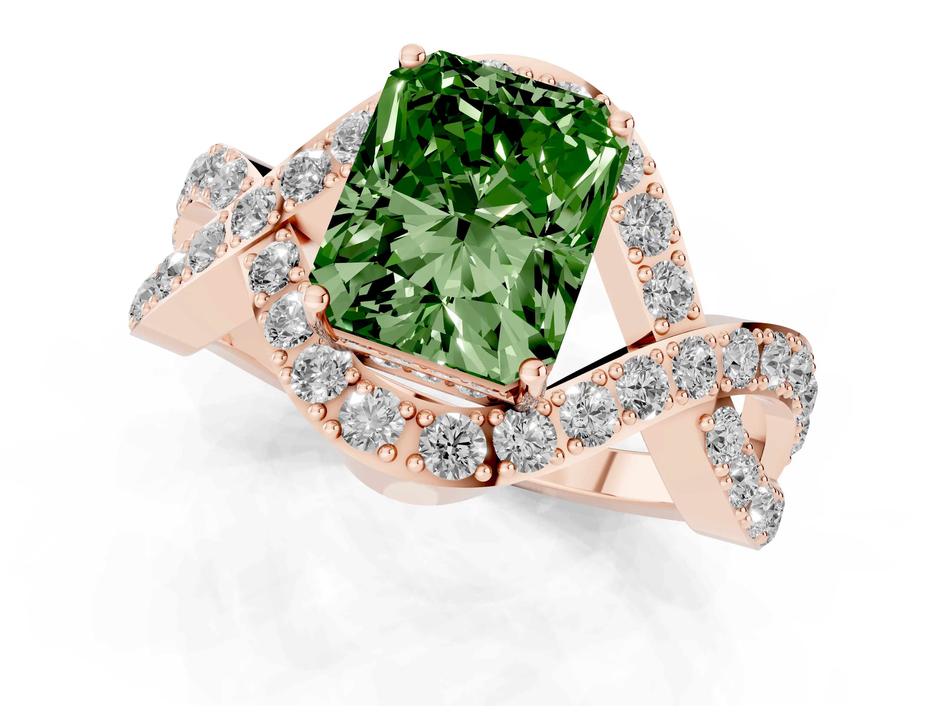 Fancy Green Radiant Cut Diamond Solitaire Twist Band Pavé Engagement Ring Set in Rose gold